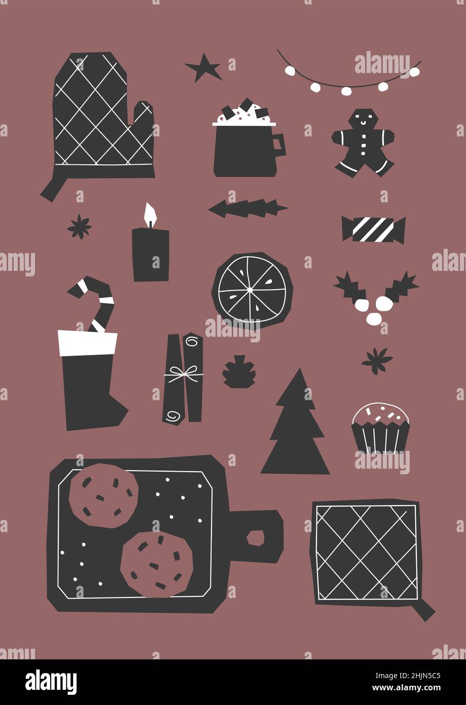 Carte cadeau Vector avec plat pour Noël et dîner du nouvel an.La table est décorée de mugs avec du cacao, des biscuits au pain d'épice, des muffins, une étoile anisée Illustration de Vecteur