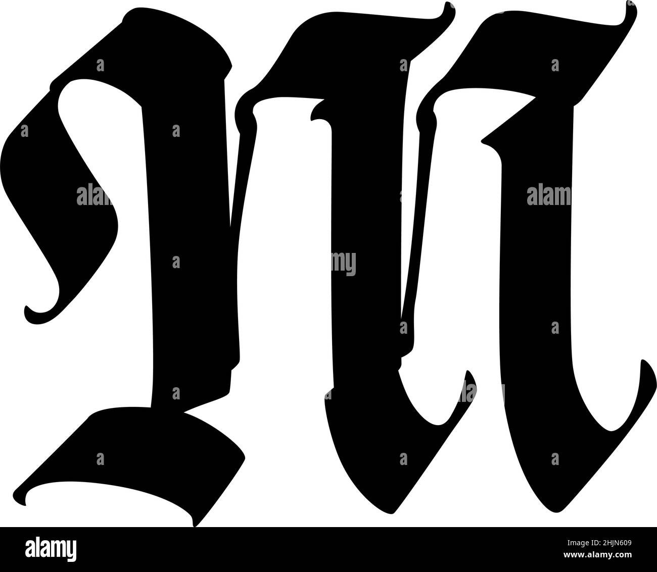 La lettre M dans le style gothique.Vecteur.Ancien alphabet.Le symbole est isolé sur un fond blanc.Calligraphique, lettre latine médiévale.Logo pour TH Illustration de Vecteur