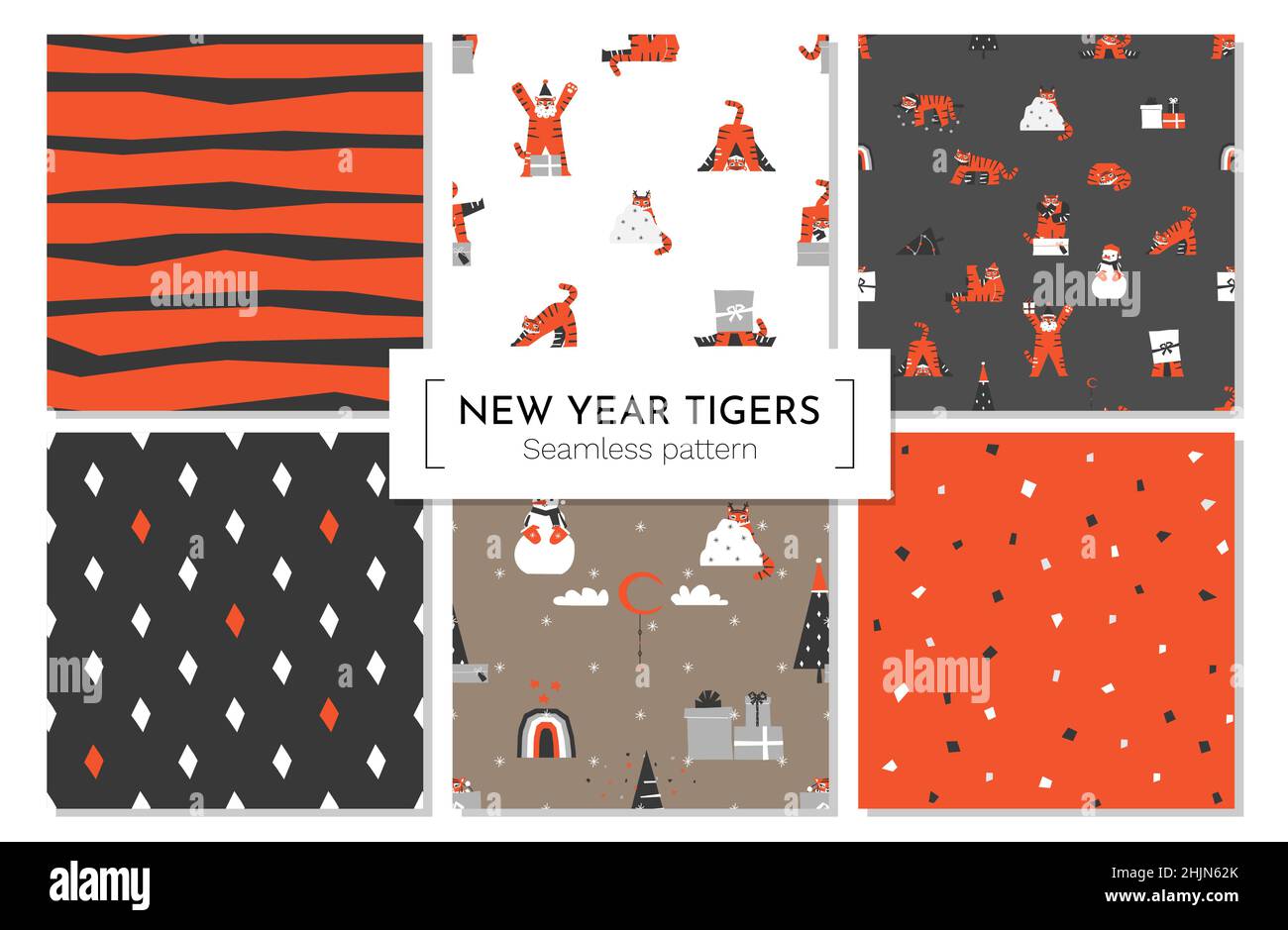 Collection vectorielle de motifs géométriques abstraits et animaux sans couture avec tigres orange asiatiques.Kit de conception pour textile ou papier d'emballage.Caractères plats Illustration de Vecteur