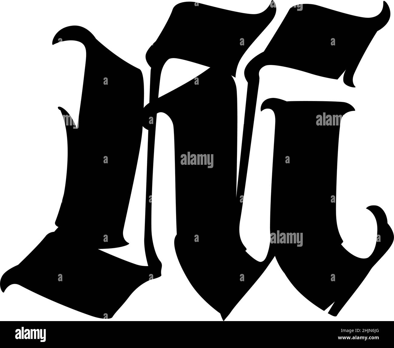 La lettre m dans le style gothique.Vecteur.Ancien alphabet.Le symbole est isolé sur un fond blanc.Calligraphique, lettre latine médiévale.Logo pour TH Illustration de Vecteur