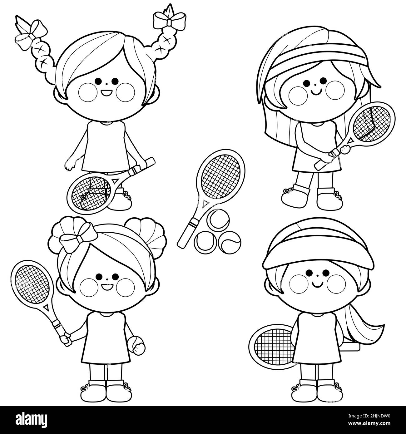 Filles joueurs de tennis.Page de livre de coloriage noir et blanc Banque D'Images