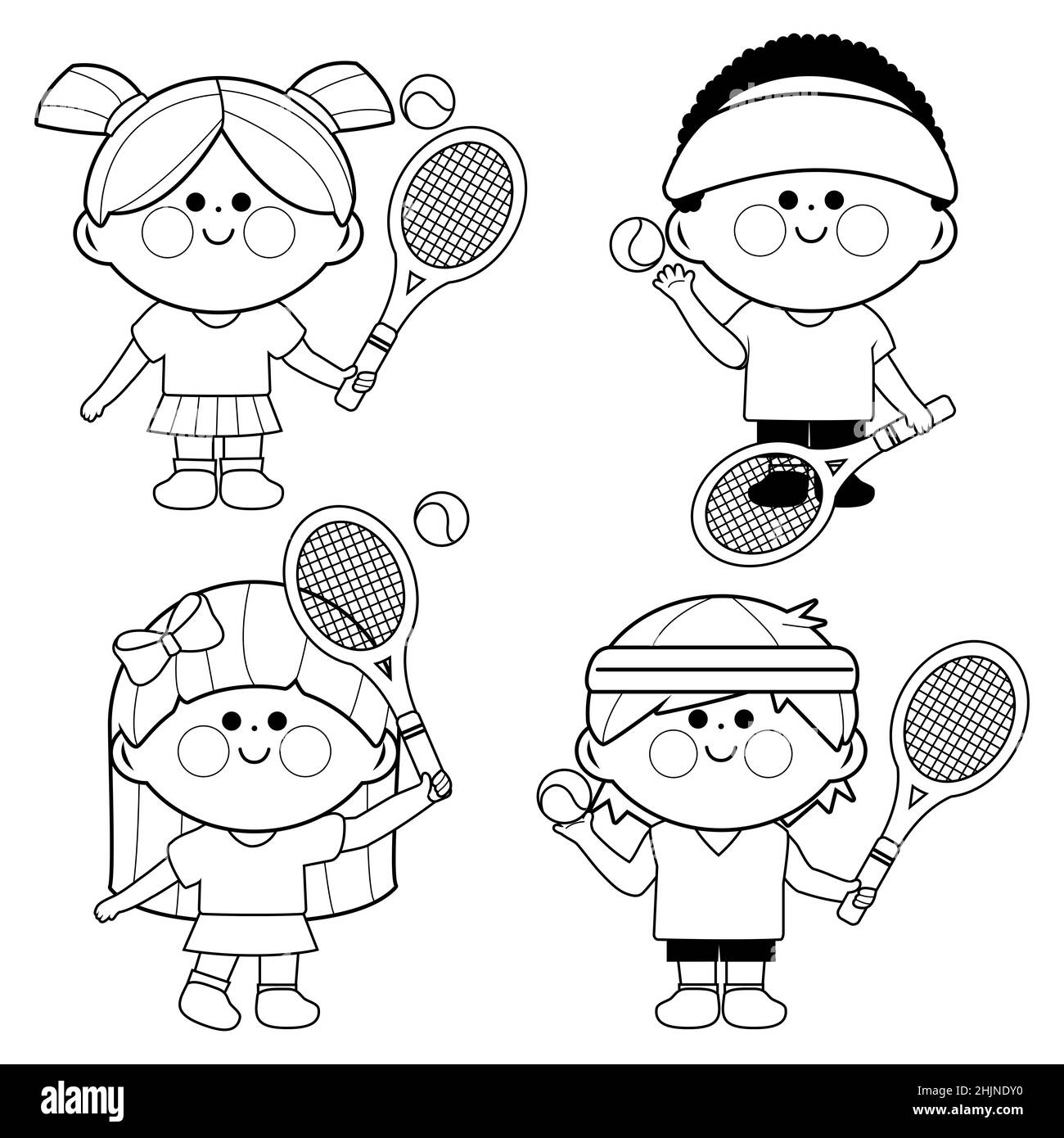 Enfants jouant au tennis.Page de couleur noir et blanc Banque D'Images