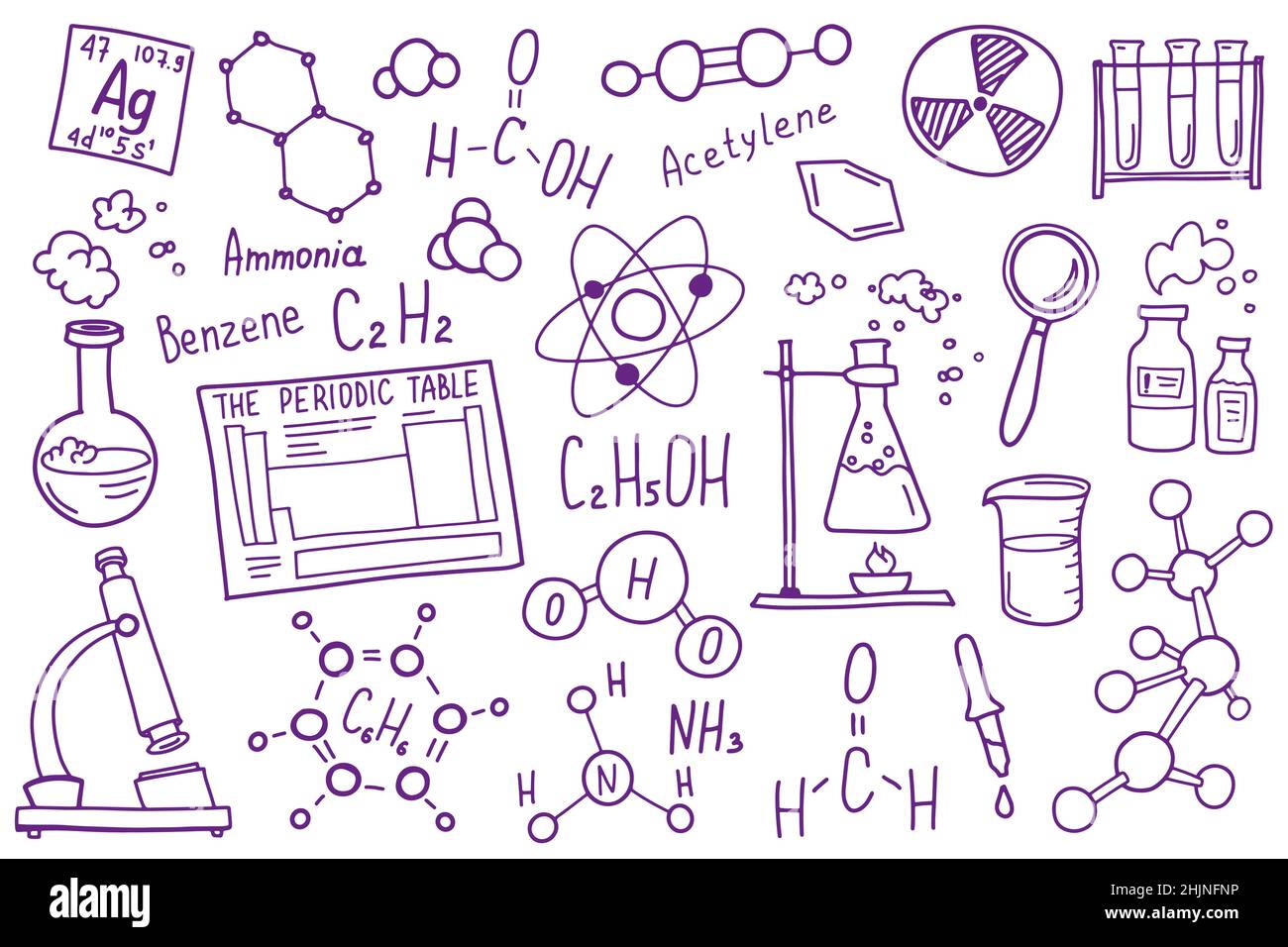 Ensemble d'icônes de symboles chimiques.Motif science-doodle.Concept d'éducation et d'étude.De retour à l'école un arrière-plan esquisse pour le bloc-notes, pas le bloc-notes Illustration de Vecteur
