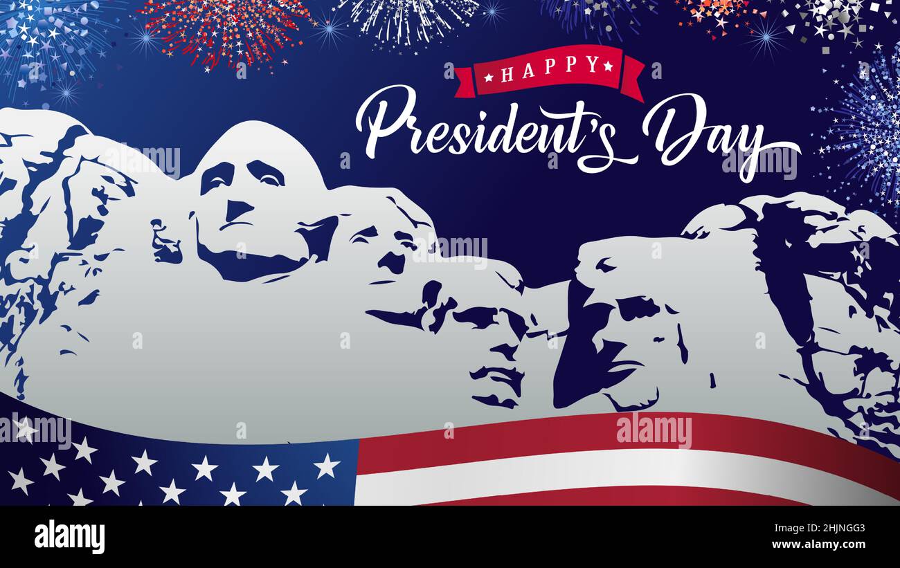 Happy Presidents Day avec Mount Rushmore et feux d'artifice.Motif typographique du jour du Président pour affiche ou carte de vœux.Illustration vectorielle Illustration de Vecteur