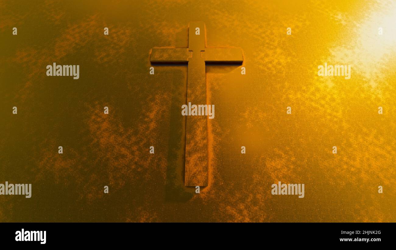 Concept ou croix d'or conceptuelle sur fond doré. métaphore de l'illustration 3d pour Dieu, Christ, Christianisme, religieux, foi, saint, spirituel, J Banque D'Images