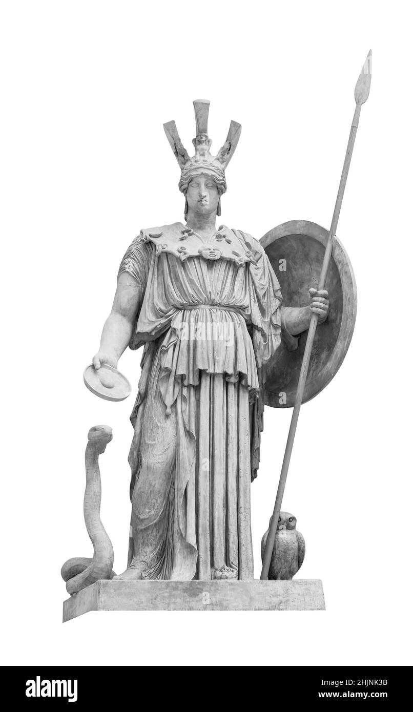 Ancienne statue grecque romaine de la déesse Athéna dieu de la sagesse et des arts sculpture historique isolée sur blanc avec le chemin de coupure Banque D'Images