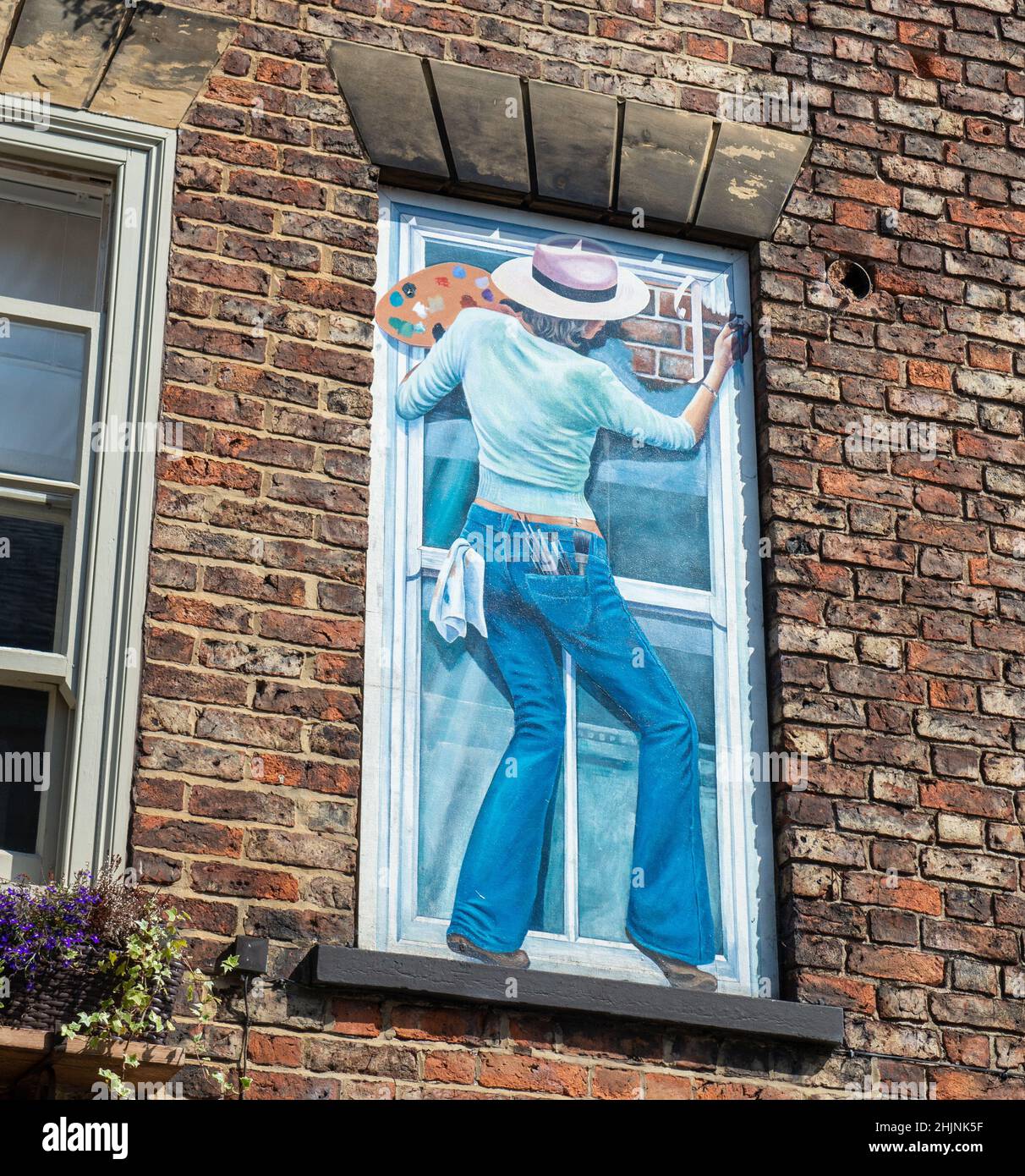 Autoportrait de l'artiste - partie du projet mural de la ville Windows trompe-l'oeil à Knaresborough, dans le Yorkshire du Nord Banque D'Images