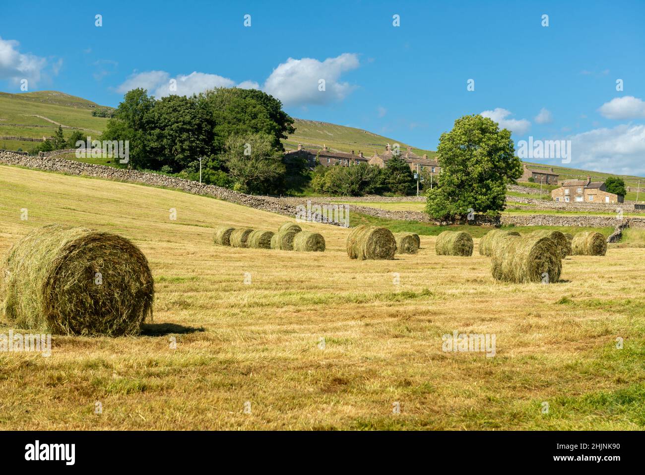 Balles rondes de foin dans un champ de Sedbusk à Wensleydale, dans le North Yorkshire Banque D'Images