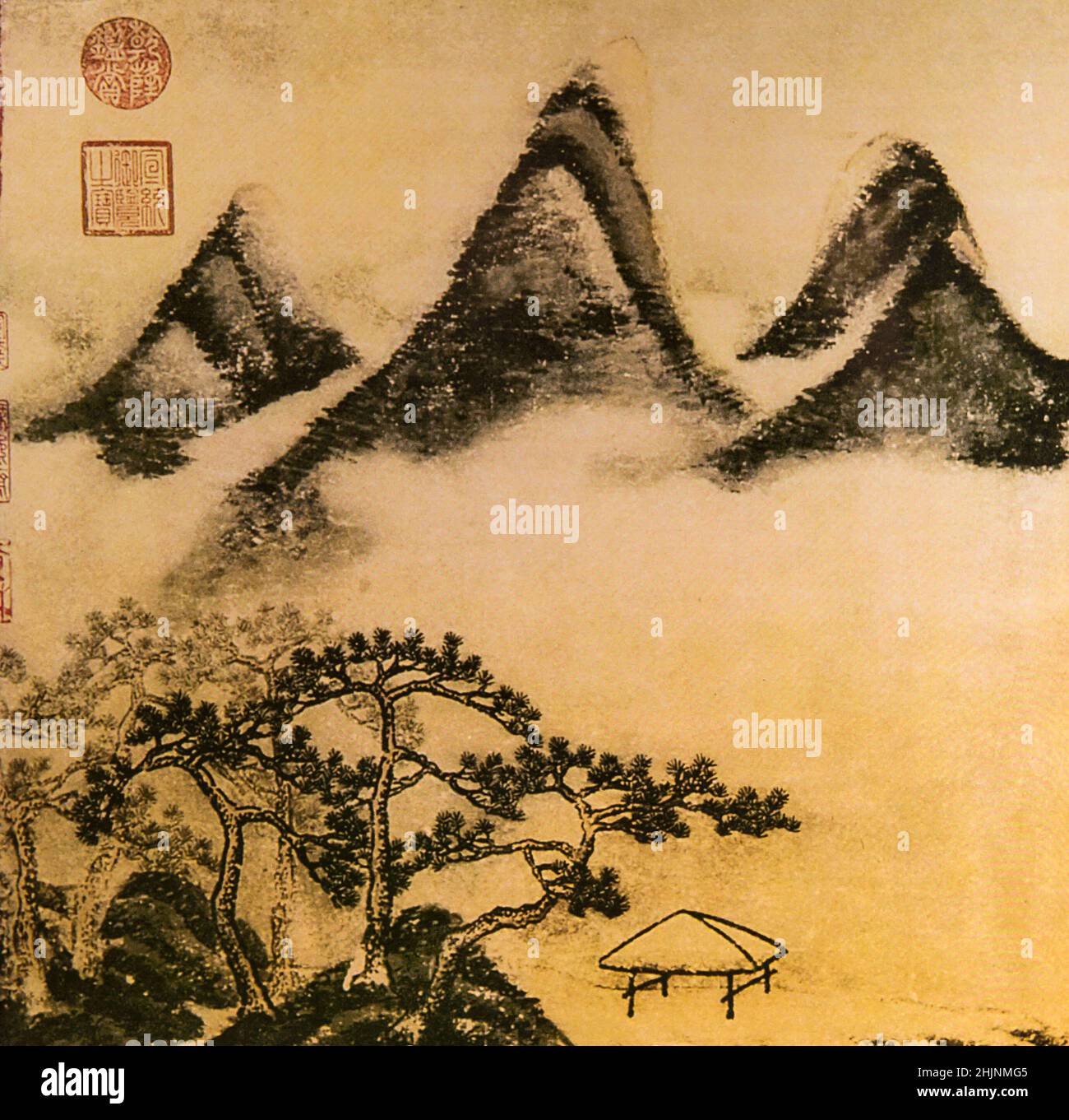 Imprimé chinois sur papier, 3 montagnes et pins à mi Fu, chine Photo Stock  - Alamy