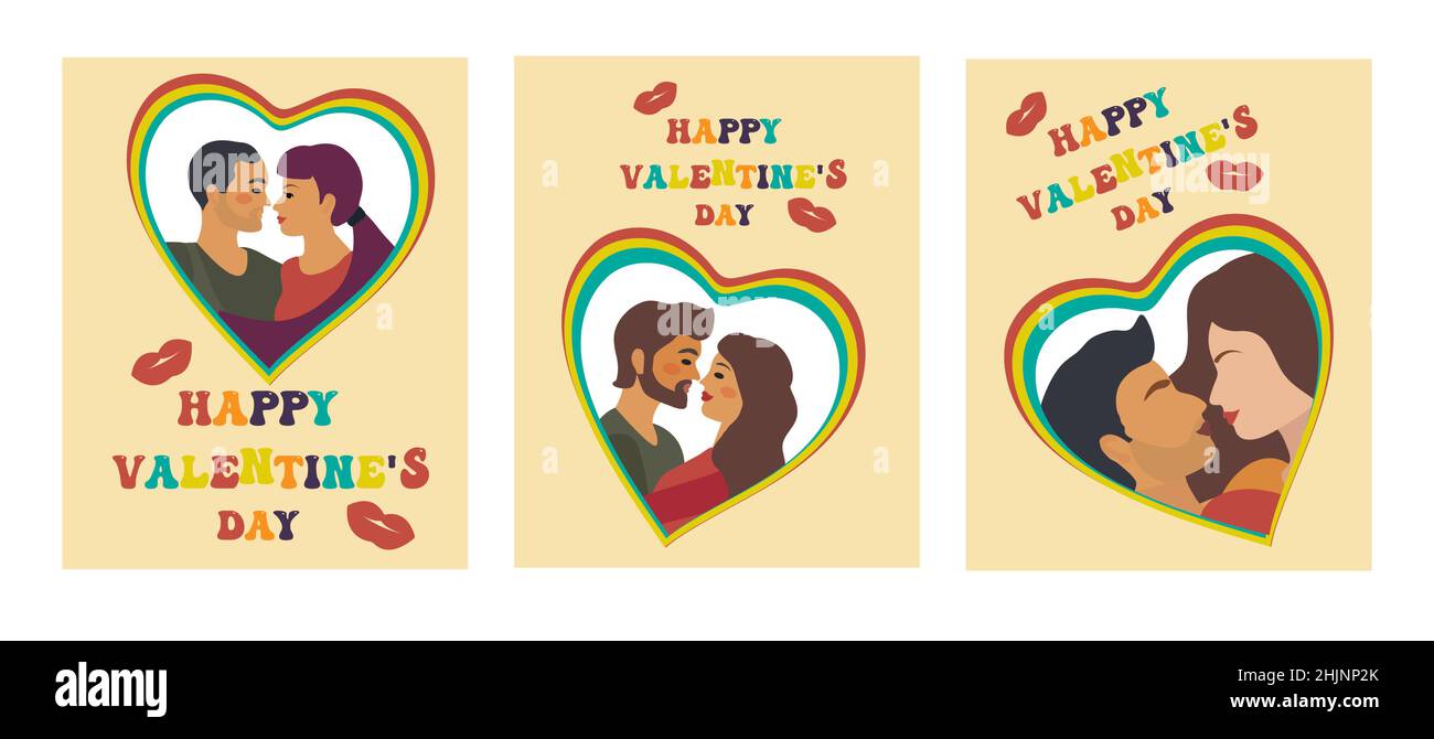 Happy Valentine's Day Retro 70s affiche ensemble avec couple de baisers amoureux.Journée mondiale du Kiss.Illustration moderne et abstraite de l'amour.Vecteur Illustration de Vecteur