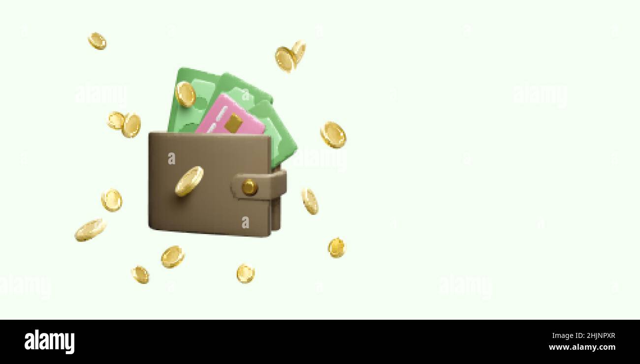 Portefeuille avec carte de crédit en papier et pièce de monnaie en or volante dans un style de dessin animé réaliste.3D porte-monnaie avec des dollars verts.Illustration vectorielle Illustration de Vecteur