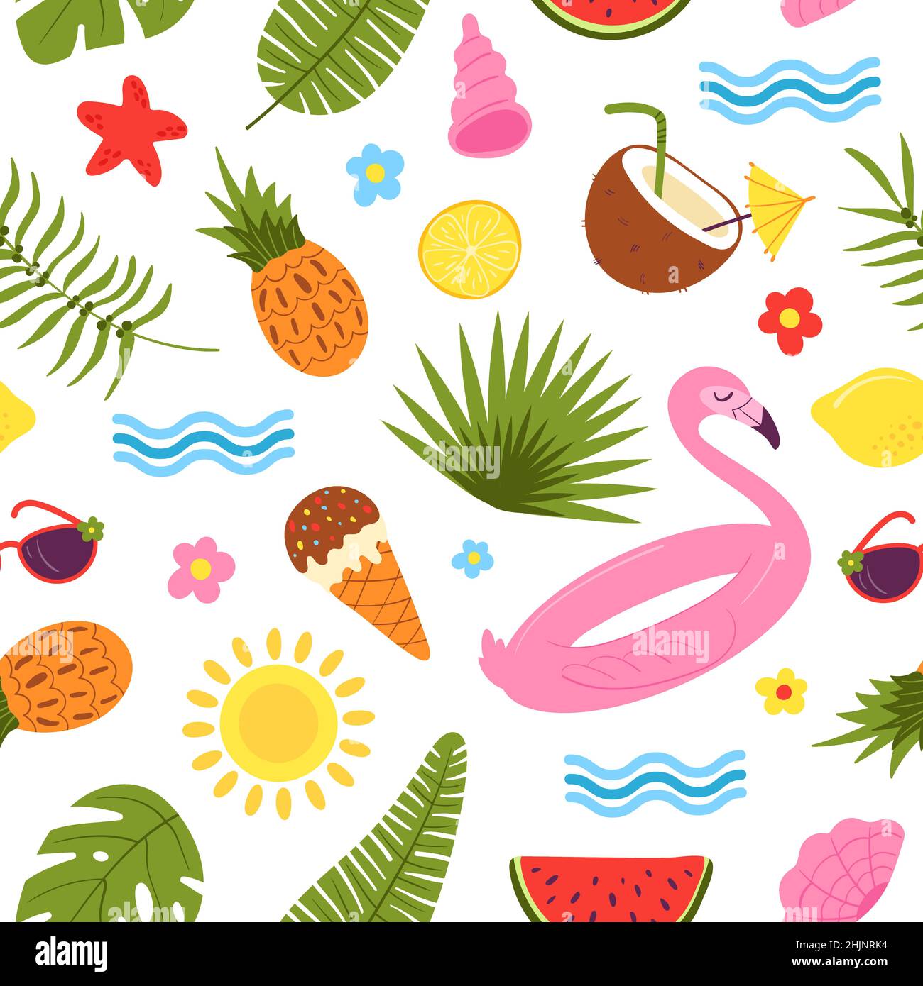 Motif été sans coutures.Plage hawaïenne, arrière-plan saisonnier pour les enfants.Palmiers et fruits, accessoires d'océan.Imprimé en tissu de vacances, texture vectorielle convenable Illustration de Vecteur