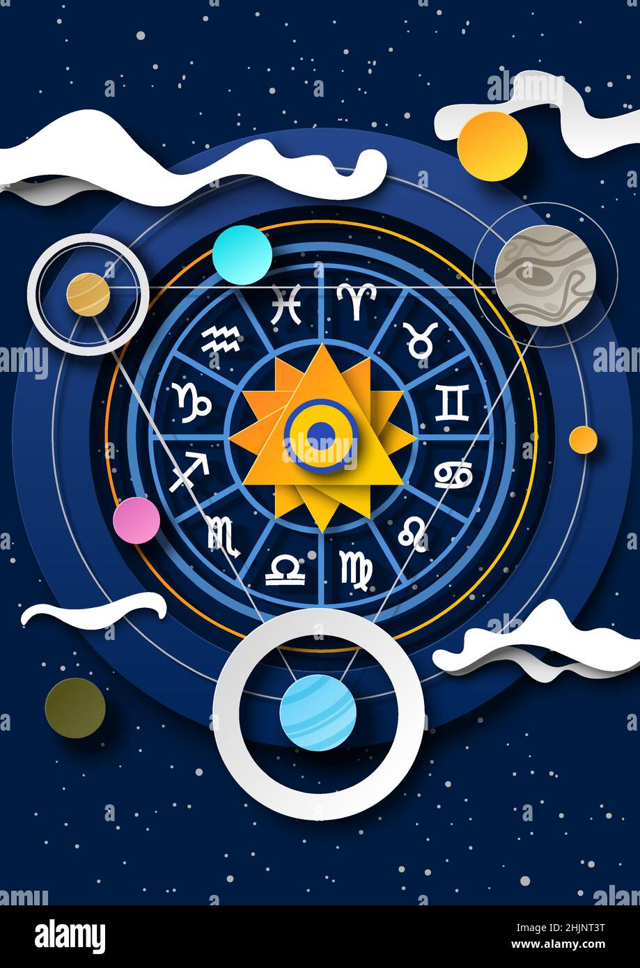 Roue de zodiaque avec douze signes d'horoscope, planètes, ciel étoilé, illustration de papier vectoriel coupé.Modèle d'affiche d'astrologie. Illustration de Vecteur