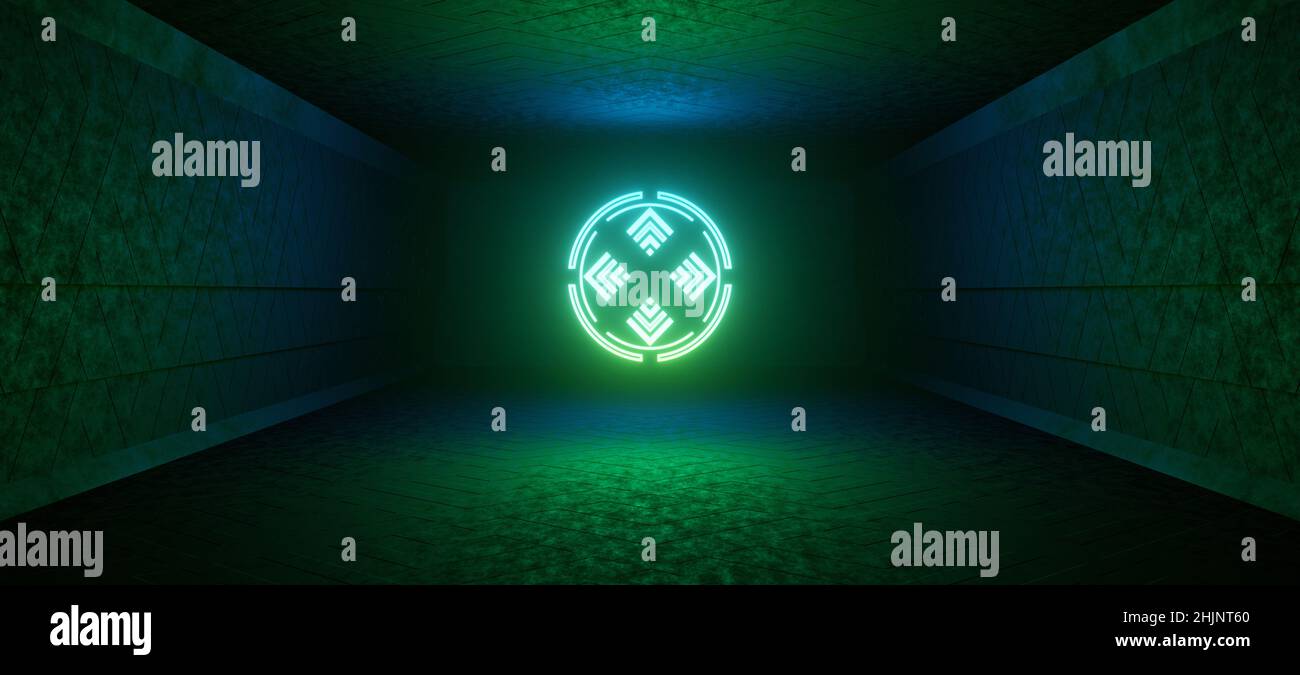 Podium SCI-fi dans un vaisseau spatial avec fond vert fluo.Concept futuriste de la technologie spatiale.3D illustration Banque D'Images