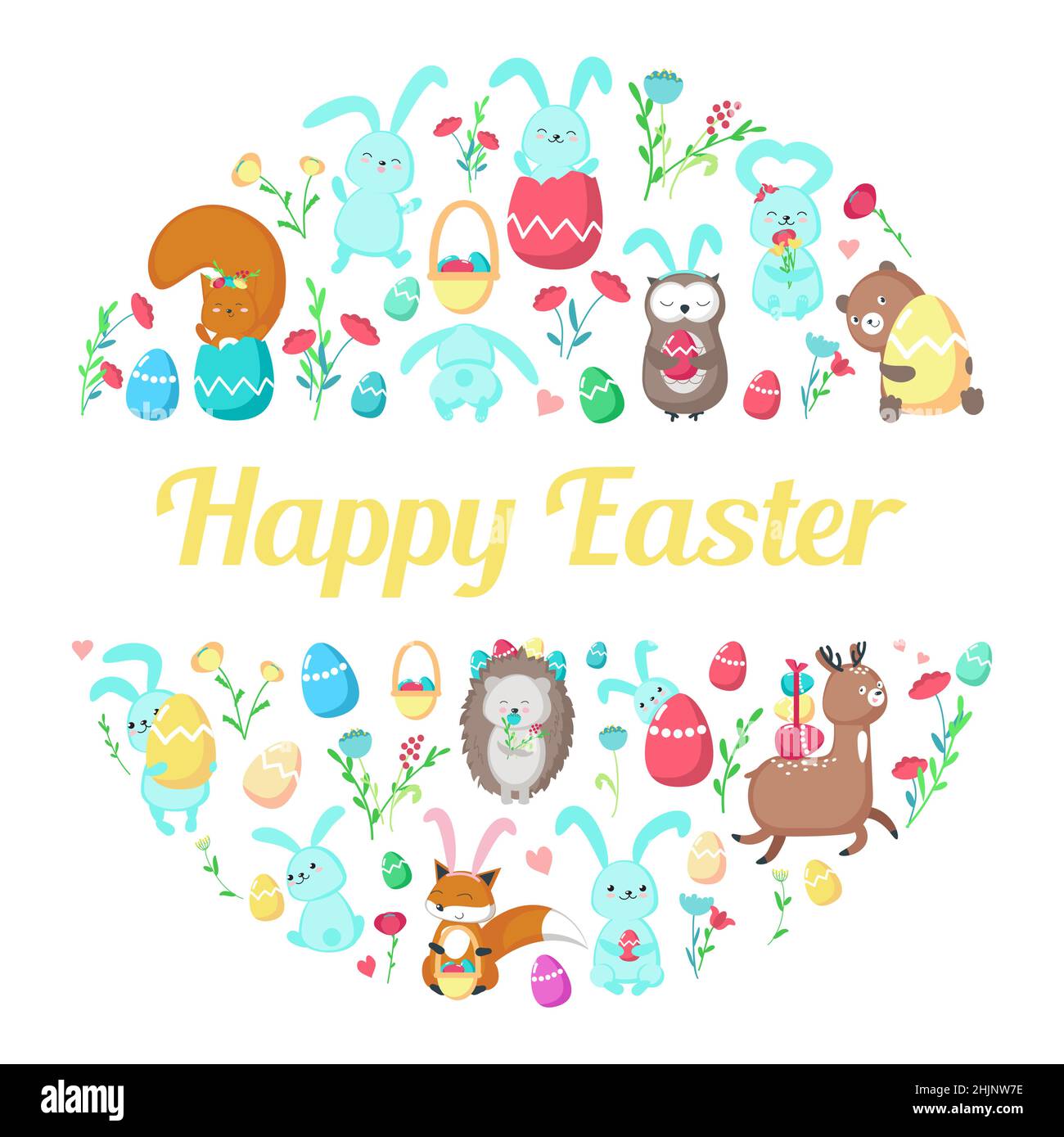 Modèle de carte de vœux Joyeux Pâques avec animaux mignons, œufs de Pâques, fleurs de printemps, coeurs, illustration vectorielle plate. Illustration de Vecteur