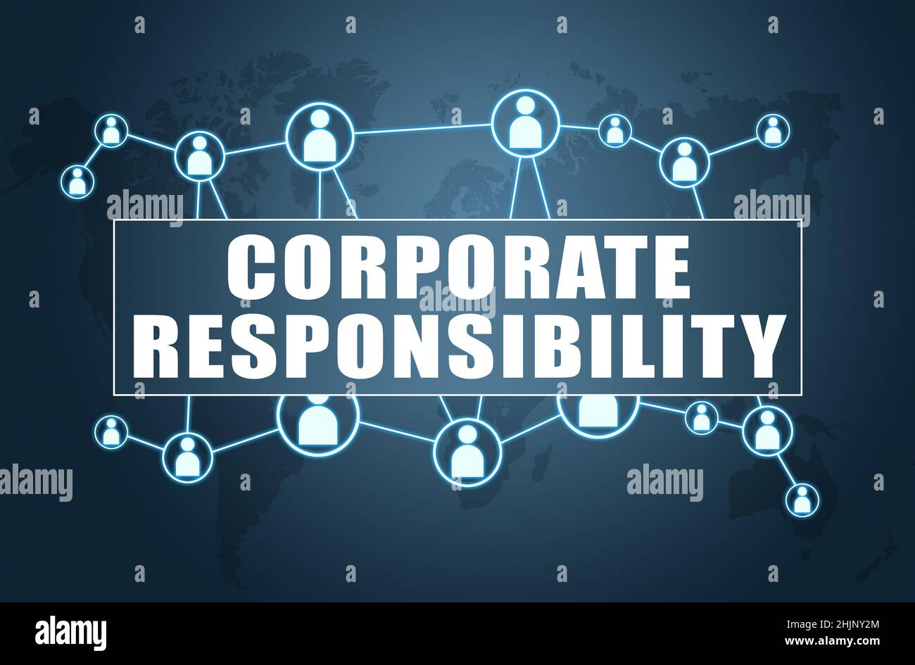 Responsabilité d'entreprise - concept de texte sur fond bleu avec carte du monde et icônes sociales. Banque D'Images