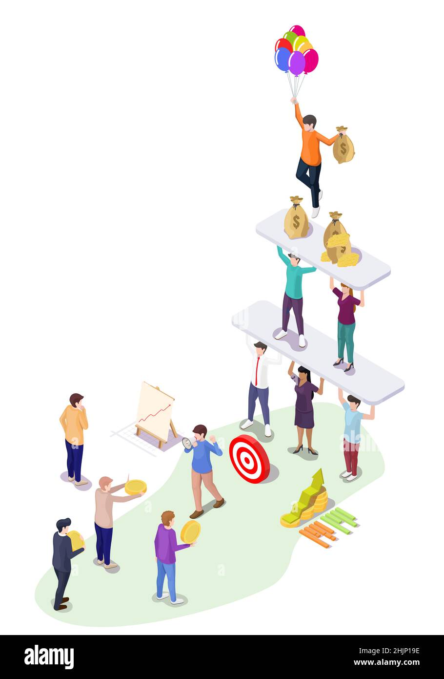 Ponzi schéma, fraude investissement escroquerie, vecteur plat illustration isométrique.Schéma de la pyramide financière.MLM, marketing multi-niveau, marketing de réseau. Illustration de Vecteur