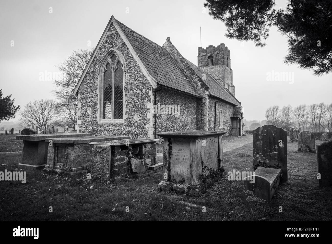 Vue avec cimetière de l'église St Mary's Church, Farnham, Suffolk, Royaume-Uni Banque D'Images