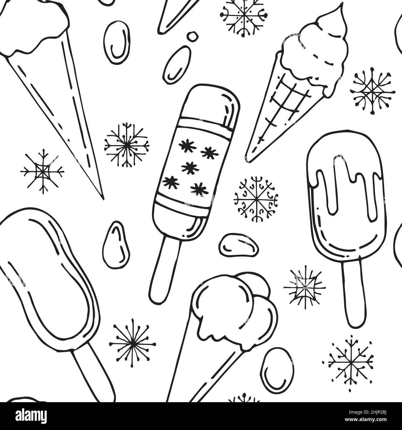 Glace douce.Motif sans couture.Régal d'été.Esquisse de contour.Flocons de neige.Dessin manuel isolé sur fond blanc.Vecteur Illustration de Vecteur