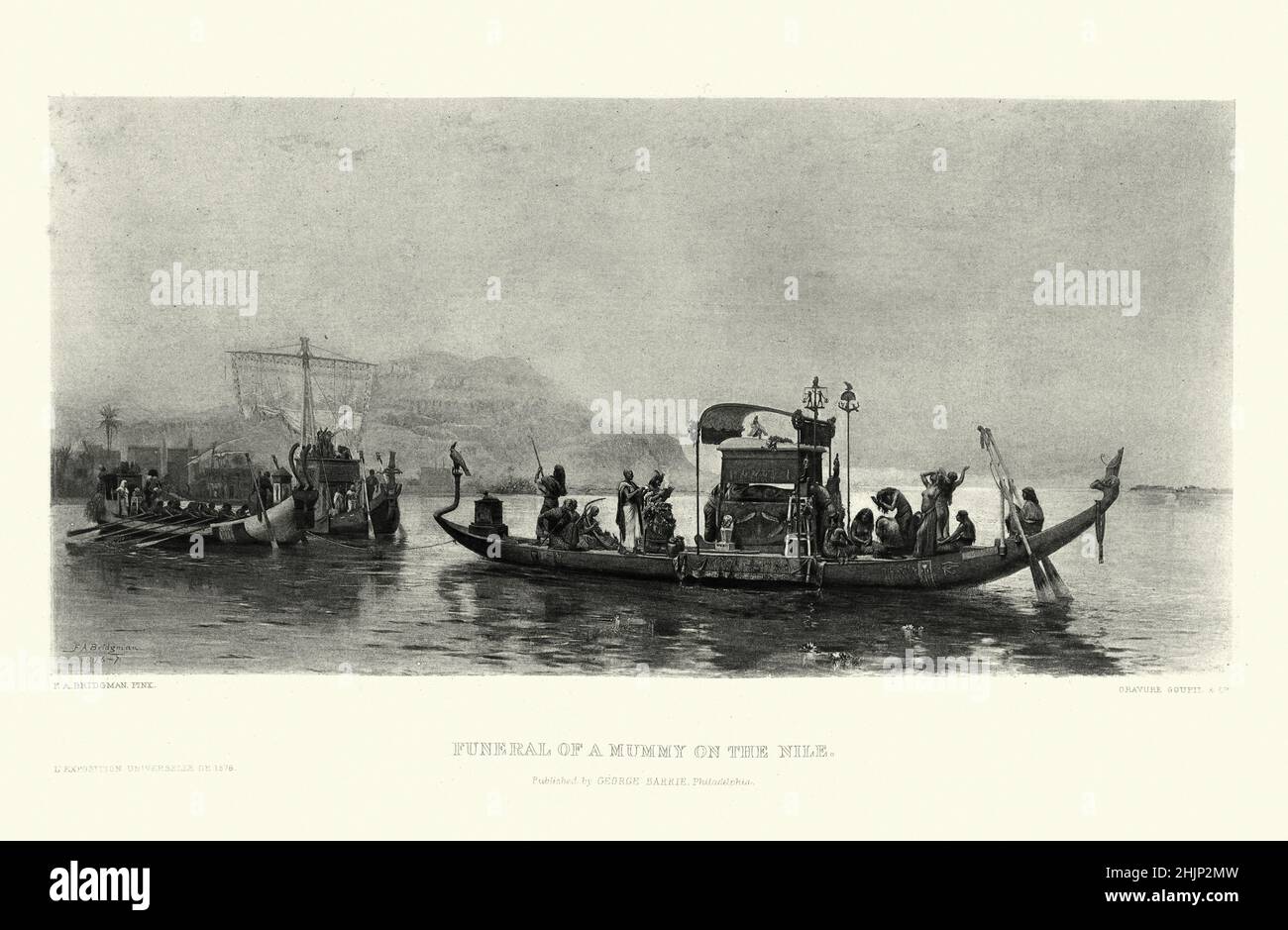 Illustration vintage d'après Frederick Arthur Bridgman, funéraire d'une momie sur le Nil Banque D'Images