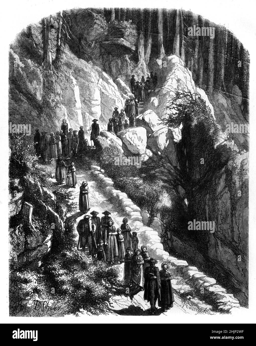 Vendredi Saint ou vendredi de Pâques procession ou pèlerinage à la chapelle rurale ou à la chapelle de montagne dans les Vosges de l'est de la France.Illustration ancienne ou gravure. Banque D'Images