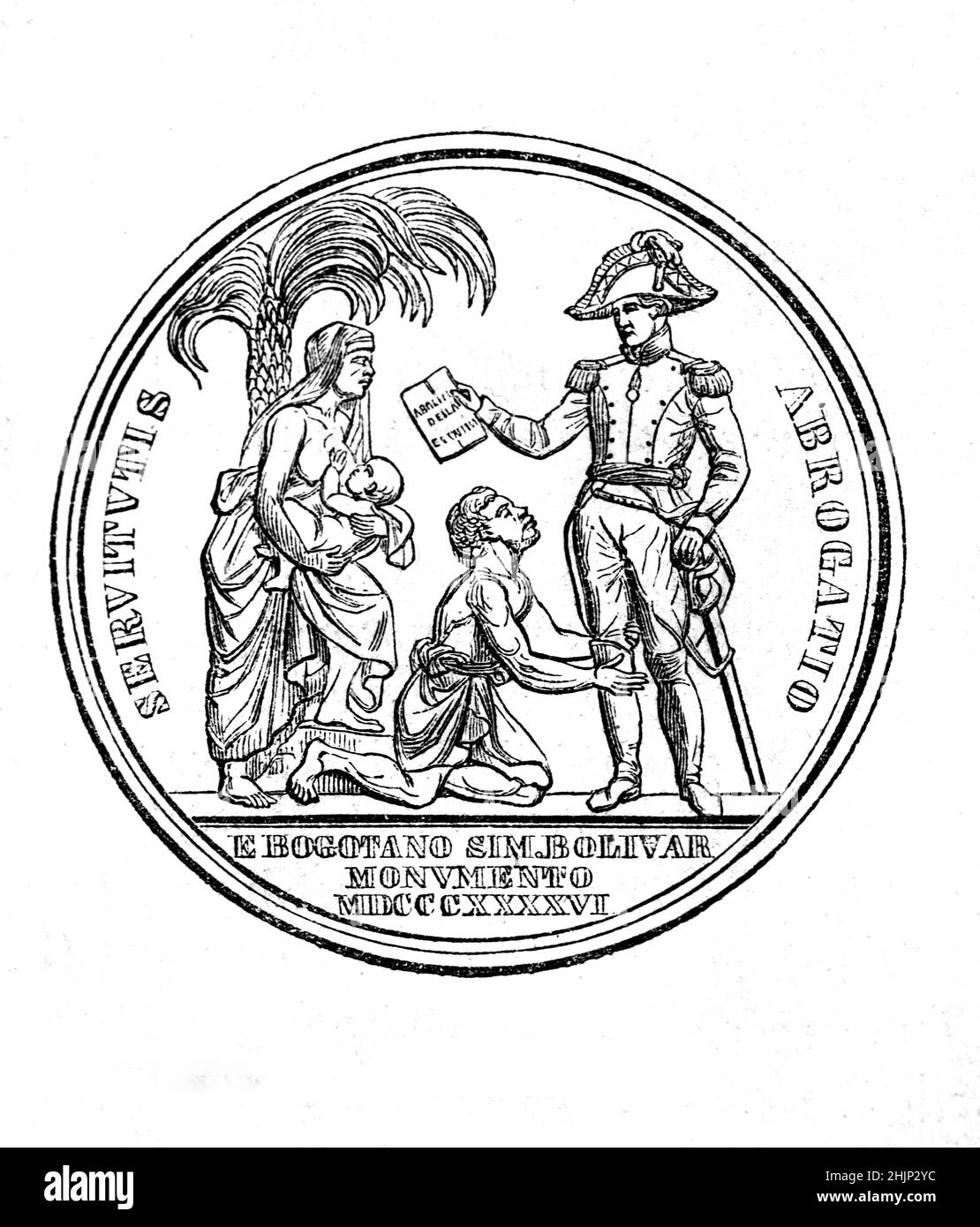 Simon Bolivar (1783-1830) la Médaille du Libérateur ou Médallion a joué in1846 en montrant Bolivar et les esclaves libérés.Illustration ou gravure Banque D'Images