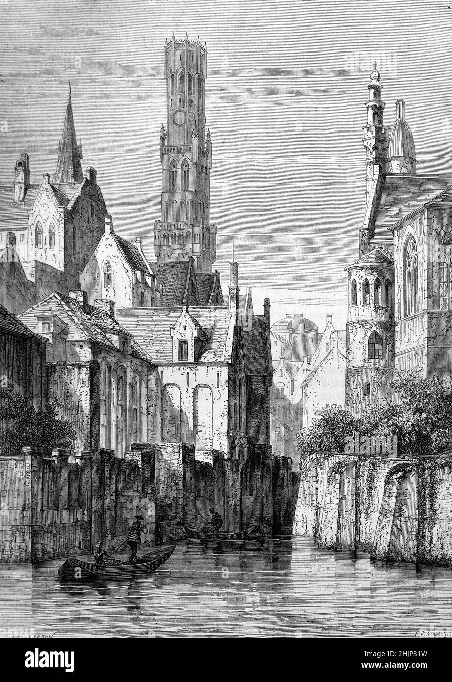 Vieille ville ou quartier historique de Bruges avec la rivière Reie ou le canal et le beffroi de Bruges Belgique.Illustration ancienne ou gravure 1865 Banque D'Images