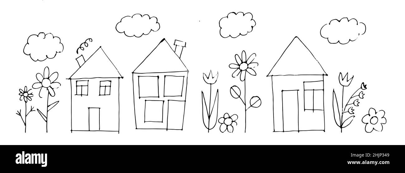 Maisons drôles dans le style d'un dessin pour enfants.Dans les épaississants des fleurs.Paysage naïf.Esquisse de contour.Le dessin à la main est isolé sur un blanc Illustration de Vecteur