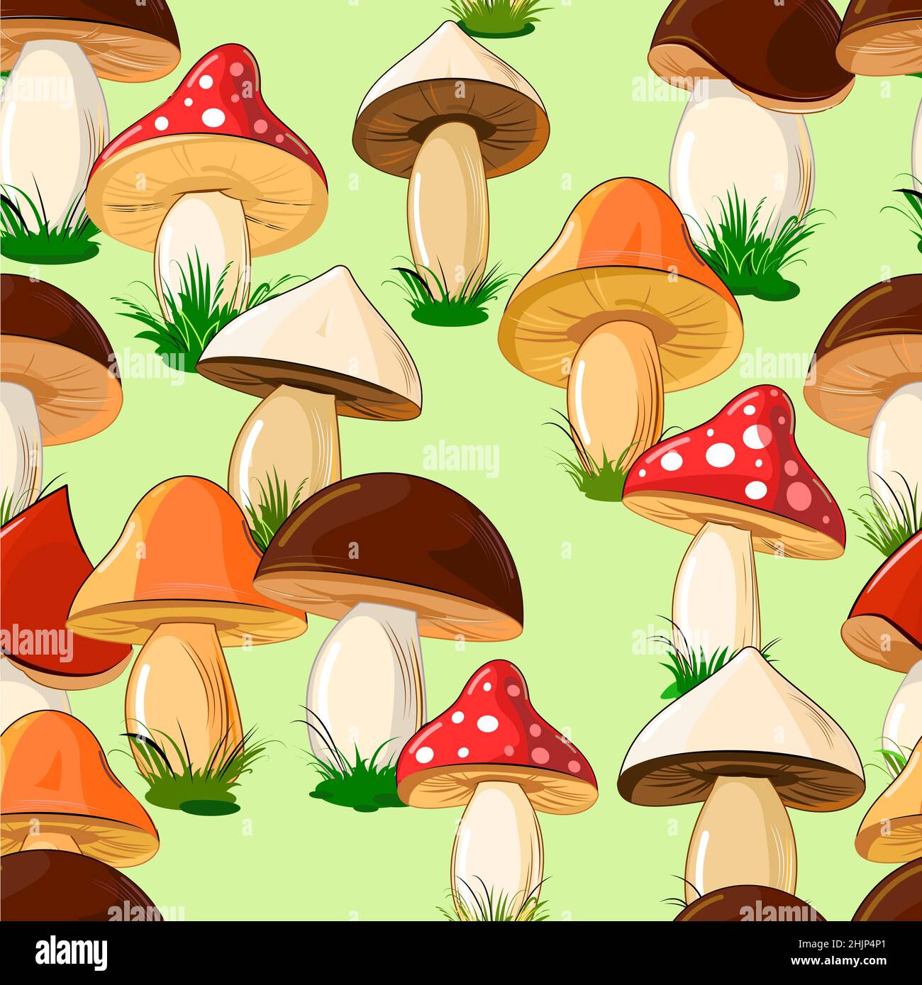 Différents champignons de couleur dans un style de dessin animé.Motif vert sans couture.Vecteur Illustration de Vecteur