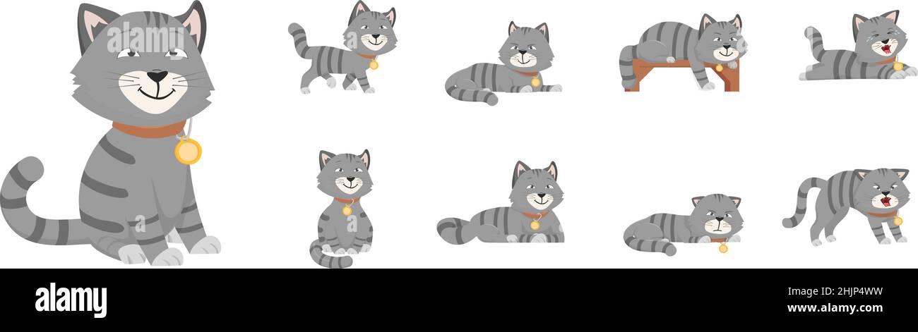 Différentes poses de chat.Les émotions des chats gris, les chatons de dessins animés mangent et dorment.Animal isolé, mignon comportement comique d'animal de compagnie.Personnages vectoriels paresseux et effrayés Illustration de Vecteur