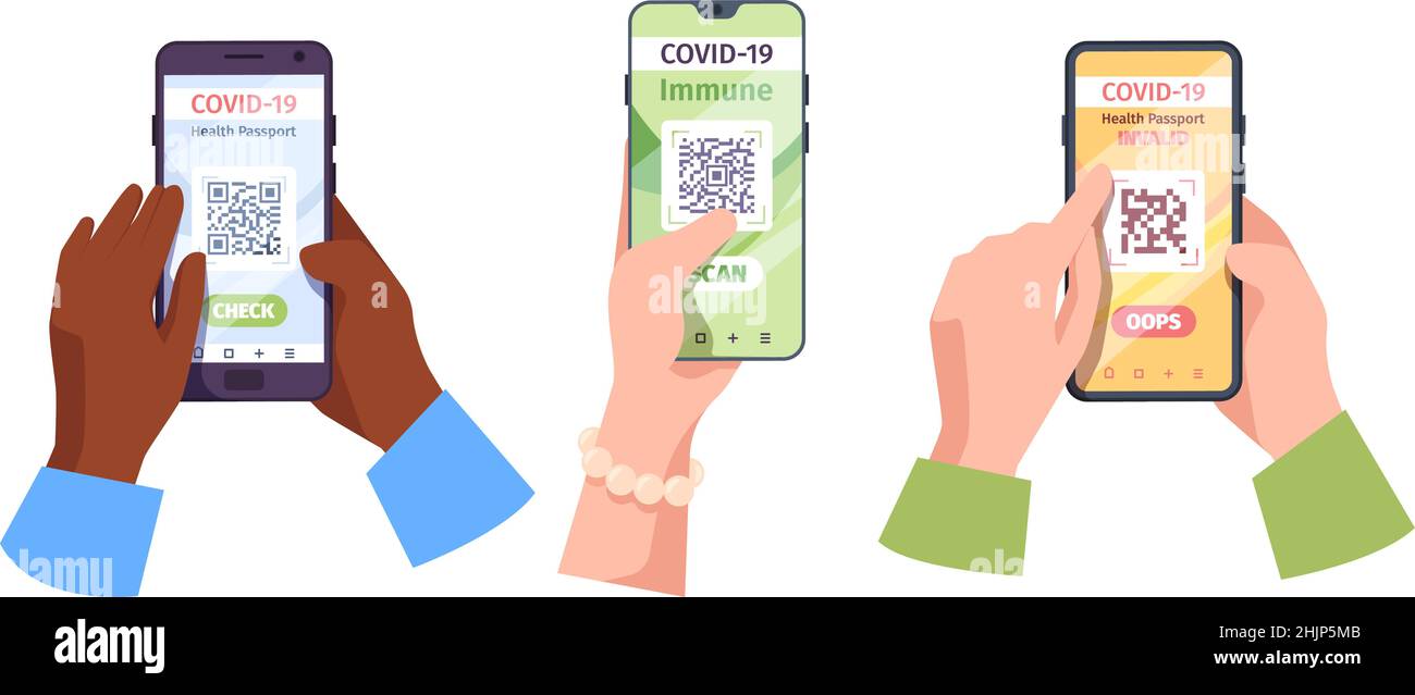 Certificat QR.Application du code de vaccination pour la sécurité des smartphones voyage touristique voyage infecté signe légal à l'étranger garish vecteur ID personnel Illustration de Vecteur