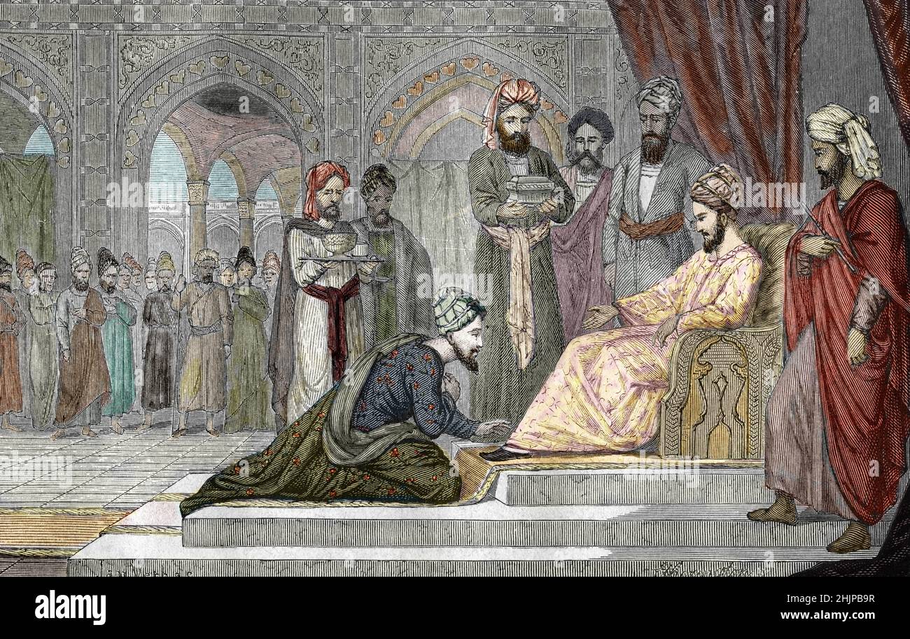 'Representation du medecin, Philophe persan Avicenne (Ibn Sina) (980-1037) a la cour de l'emir kakouyide Ala ad-Dawla Muhammed apres s'étre enfui de prison, Ispahan (Iran), 1023' (Fugitif polymath Avicenna bien reçu par la 1867 Collection de la Gravean-dafina-emae-dafiner, la-grevé-Ere-Grevan-1023' de la-Grevan-Grevan-Grevan-Grevan-era-Grevé-era-Grevan-Grevan-Grevan-era-era-E Banque D'Images