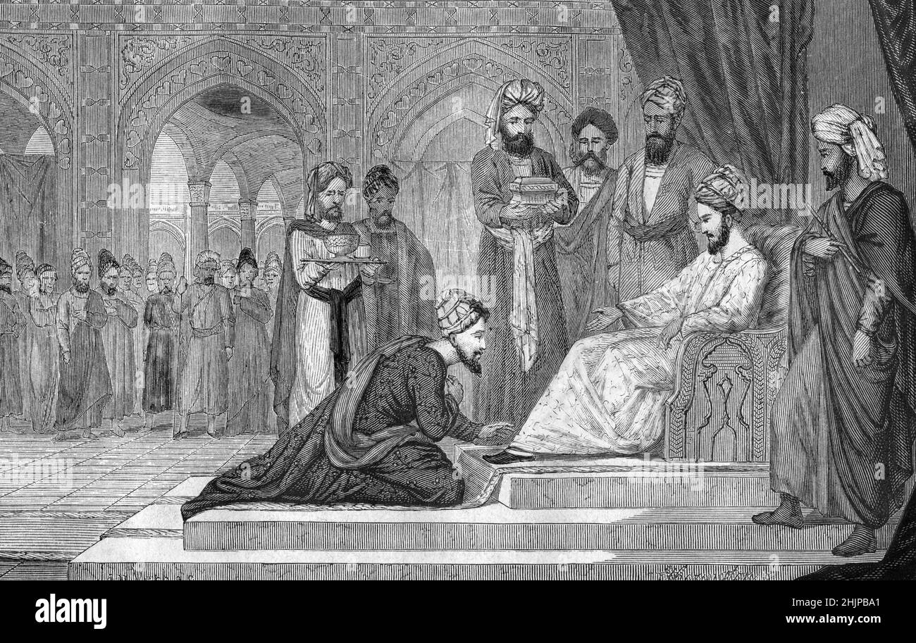 'Representation du medecin, Philophe persan Avicenne (Ibn Sina) (980-1037) a la cour de l'emir kakouyide Ala ad-Dawla Muhammed apres s'étre enfui de prison, Ispahan (Iran), 1023' (Fugitif polymath Avicenna bien reçu par la 1867 Collection de la Gravean-dafina-emae-dafiner, la-grevé-Ere-Grevan-1023' de la-Grevan-Grevan-Grevan-Grevan-era-Grevé-era-Grevan-Grevan-Grevan-era-era-E Banque D'Images