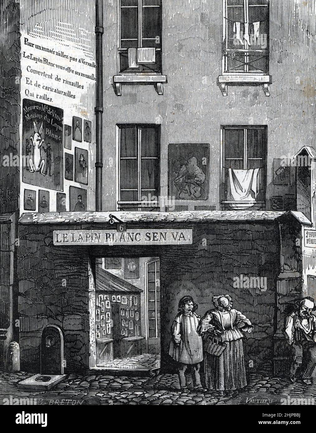 Vue du cabaret du lapin-blanc, rue aux Feves, dans le quartier de la Cité a Paris, dénidu lors de la reconstruction du bâtiment de la préfecture de police de Paris 1864 - vue du cabaret parisien de Lapin blanc dans la rue aux feves,Sur l'île de la Cité à Paris - gravure du 19eme siecle Collection privee Banque D'Images
