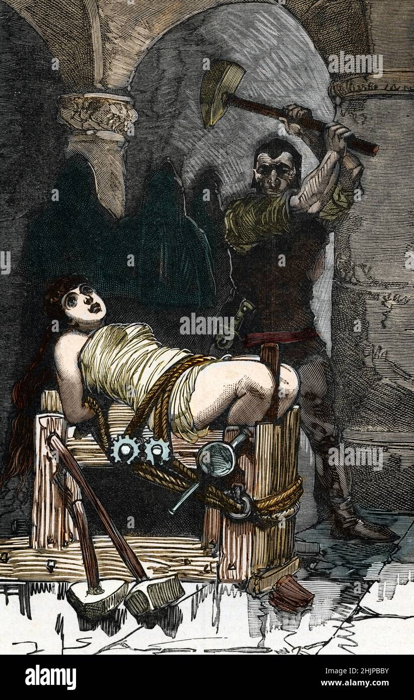 Sorcellerie : femme accuee d'être une sorcière torturee lance des persécutions au Moyen Age (chasse aux sorcières en Europe médiévale, une femme torturée) gravure tiree de 'la médecine illustrae' du docteur Gerard 1887 Collection privee Banque D'Images