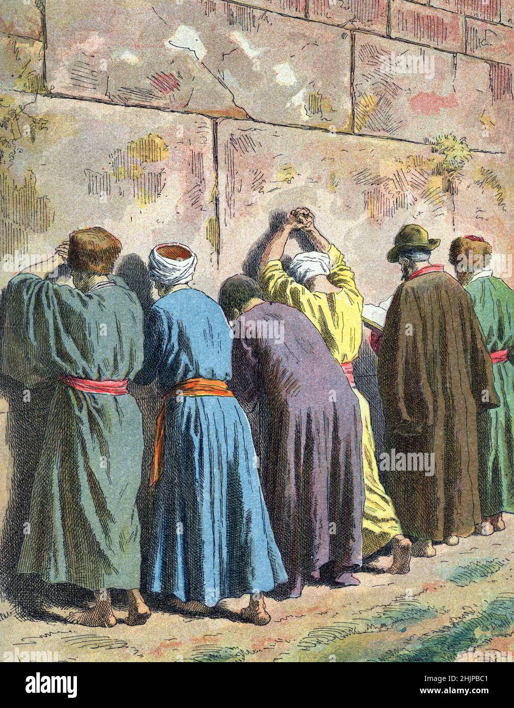 Mur des LamContestations a Jerusalem - Juifs en priere, Quartier juif (Juifs priant au mur des lamentations, Jérusalem, Israël) Dessin tire de 'les peuples de la terre' de Charles Delon, 1905 Collection privee Banque D'Images