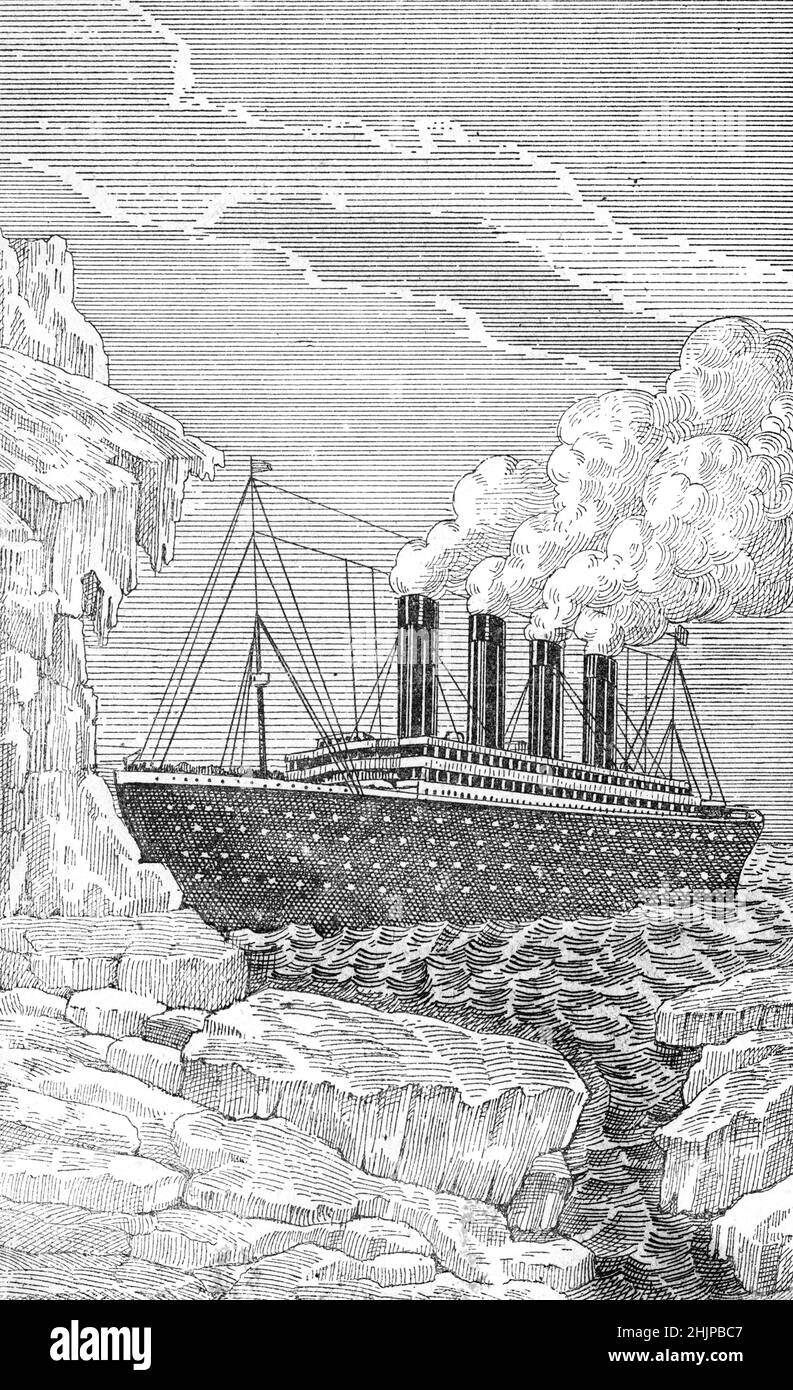 Vue du paquebot transatlantique Titanic heurisant un iceberg le 14 avril 1912 lors d'un voyage inaugural (paquebot britannique Titanic frappant un iceberg lors de son premier voyage de Southampton, Royaume-Uni, à New York, les 14th et 15th avril 1912) Illustration tiree de la collection 'la catastrophe du titanique' privee Banque D'Images