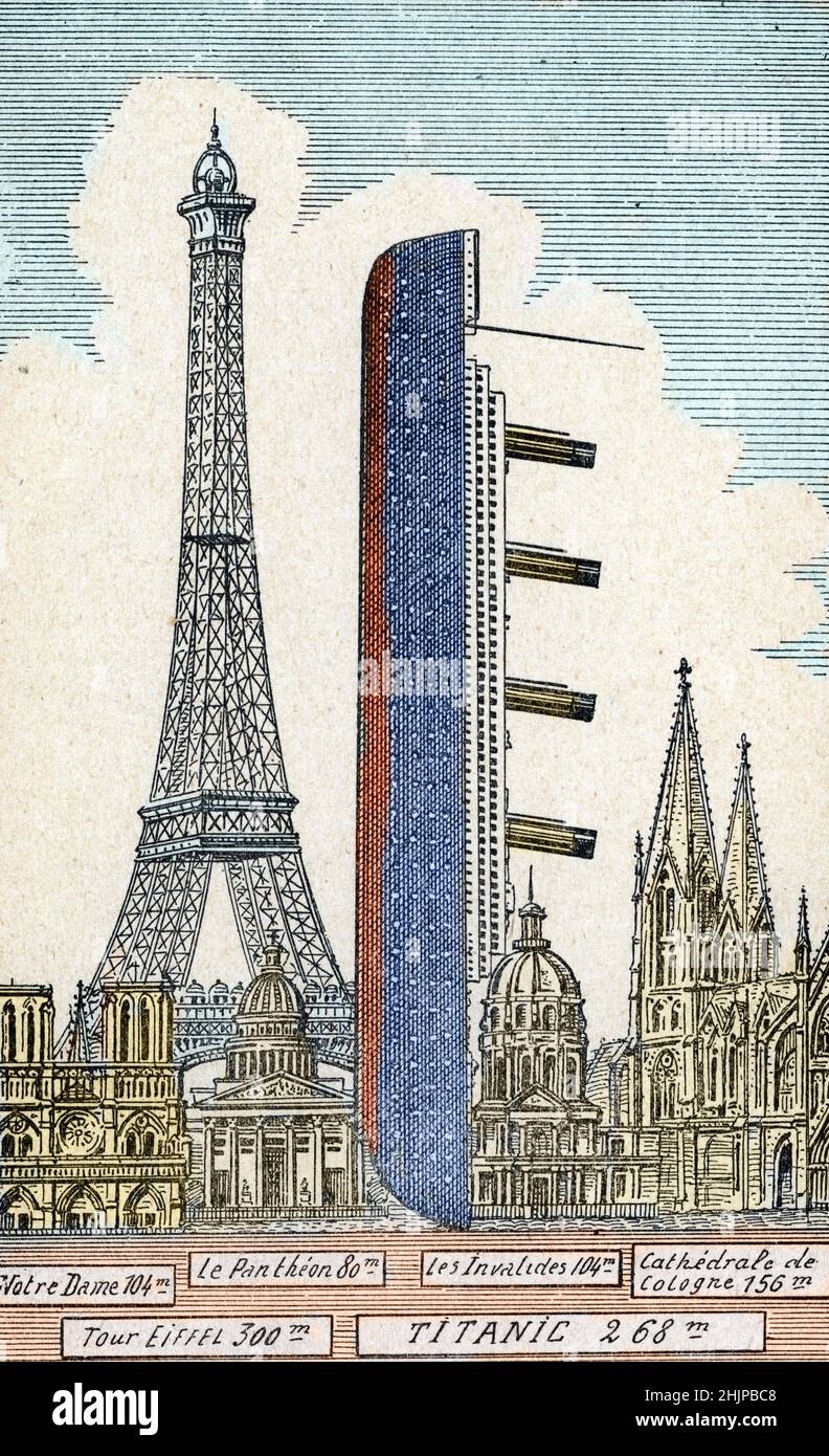 Schéma représentant le Titanic place virtuelement a cote de différences monuments pour être en perspective les hautes (Tour Eiffel, cathédrale notre Dame, Panthéon, Invalides et Cathédrale de Cologne) (vue du Titanic placé pratiquement à côté de différents monuments pour mettre les hauteurs en perspective (Tour Eiffel, Cathédrale notre Dame, Panthéon,Invalides et cathédrale de Cologne) Dessin tire de 'la catastrophe du Titanic' Collection privee Banque D'Images