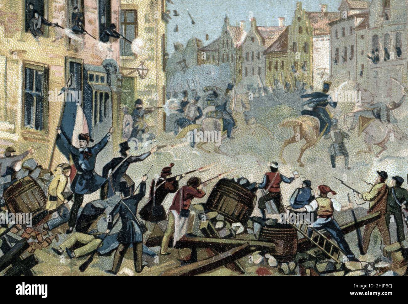 Scene of alences entre emeutiers ouvriers de la soie et soldats de l'armee dans le quartier de la Croix rousse a Lyon lors de la deuxieme revolte des canuts suspendu le Revolution industrielle :9 avril 1834 - (deuxième soulèvement du Canut, avril 1834 révoltes par Lyonnais Silk Workers) Chromolithographie de la fin du 19eme siecle Collection privee Banque D'Images