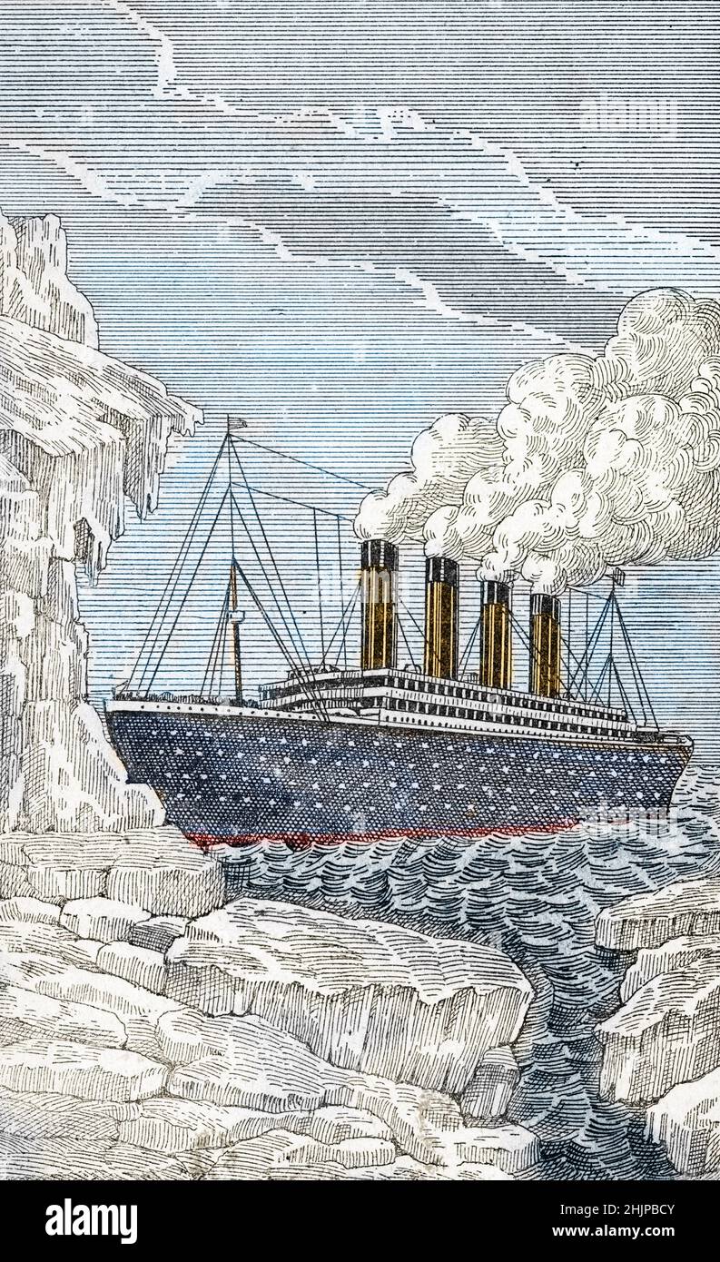 Vue du paquebot transatlantique Titanic heurisant un iceberg le 14 avril 1912 lors d'un voyage inaugural (paquebot britannique Titanic frappant un iceberg lors de son premier voyage de Southampton, Royaume-Uni, à New York, les 14th et 15th avril 1912) Illustration tiree de la collection 'la catastrophe du titanique' privee Banque D'Images