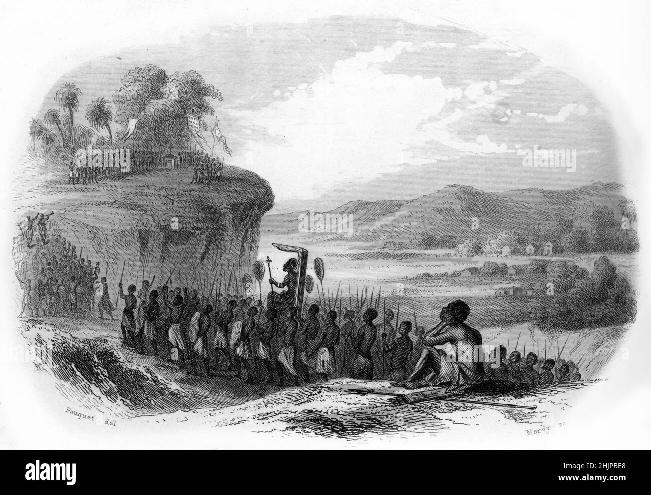'Karamansa, roi du Ghana, Afrique de l'Ouest, contreface Diogo de Azambuja militaire Portugais et fait un trajet avec eux 1481' les portugais vénus établir le commerce de l'Or et interprétation la forteresse de Saint Georges de la Mine (Elmina) (Histoire du Ghana :Roi du Ghana rencontrer Diogo de Azambuja ou Diego de Azambuja (1432-1518) qui est venu construire une forteresse appelée Sao Jorge da Mina au Golfe de Guinée dans la colonie portugaise de la Côte d'Or, 1471 - 1481) Gravure tiree de 'Histoire des missions catholiques' de Henrion 1846 Collection privee Banque D'Images