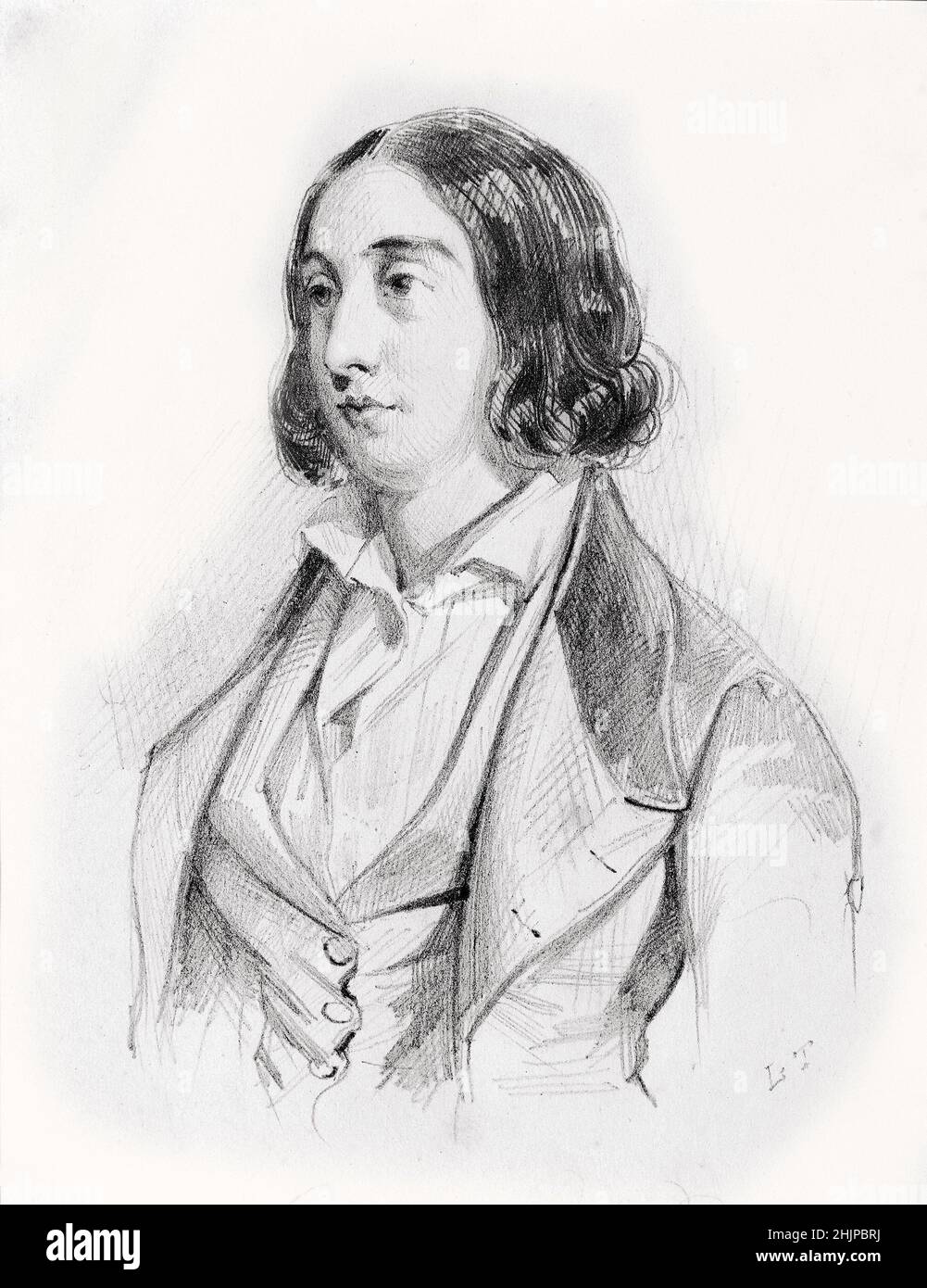 'Portrait de l'ecrivain George Sand (1804-1876) Aurore Dupin, Baronne Dudevant vétue a la garconne' Dessin de Louis Tesson (Portrait de l'écrivain français George Sand habillé comme un homme) Collection privee Banque D'Images