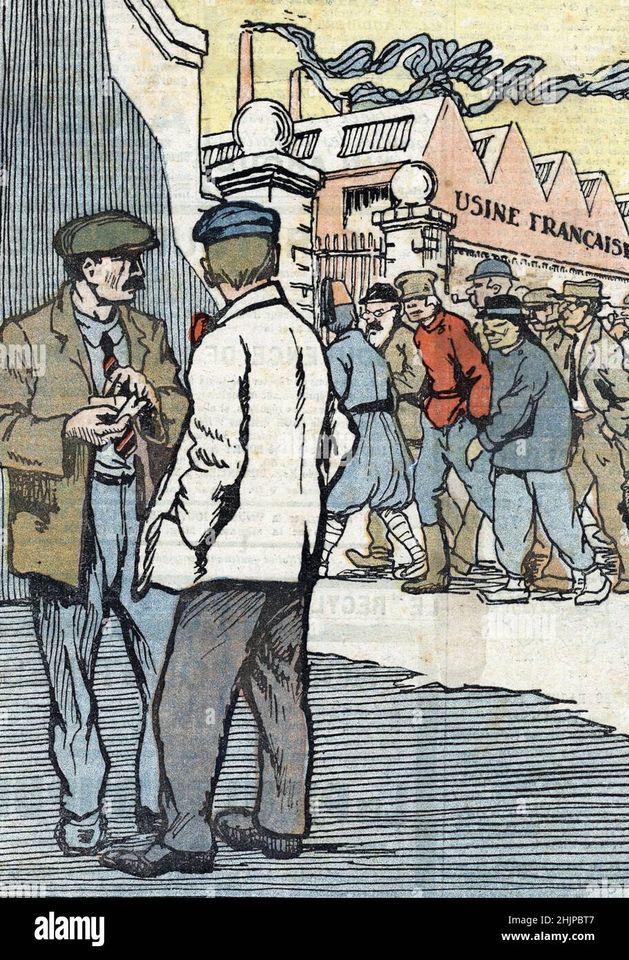 Racine, importation de main d'oeuvre etrangère : la france aux Français : caricature répresentant deux autres intervenants francais regardant l'arrivée de main d'oeuvre ouvriere lieu trailleur en France d'un mauvais oeil (racisme, travailleurs étrangers : France aux Français:Caricature représentant deux travailleurs français regardant de manière défavorable l'arrivée des travailleurs les moins chers arrivant au travail en France) - Illustration tiree de 'le pèlerin' 01/06/1919 Collection privee Banque D'Images