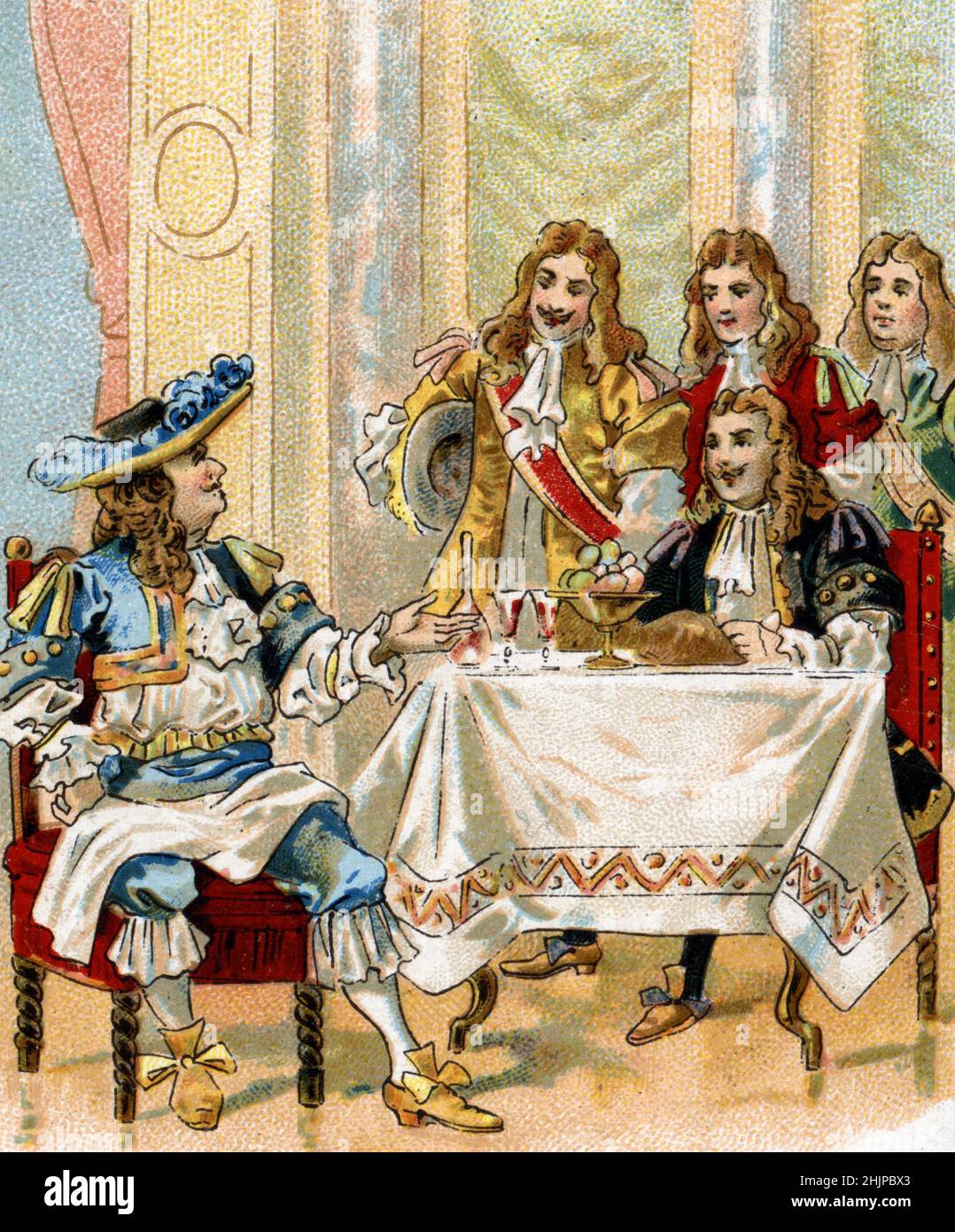 'Vous voyez l'occupant de faire manger Molière que les officiels ne trouvent pas d'assez bonne compagnie pour eux' le comédien et dramaturge Jean Baptiste Poquelin dit Molière (1622-1673) a la table du roi de France Louis XIV (1638-1715) entreaux de souvenirs de la cour château de Versailles1664 (écrivain français Molière mangeant avec le roi de France Louis XIV à Versailles, 1664) Chromolithographie 19eme Siecle collection privee Banque D'Images