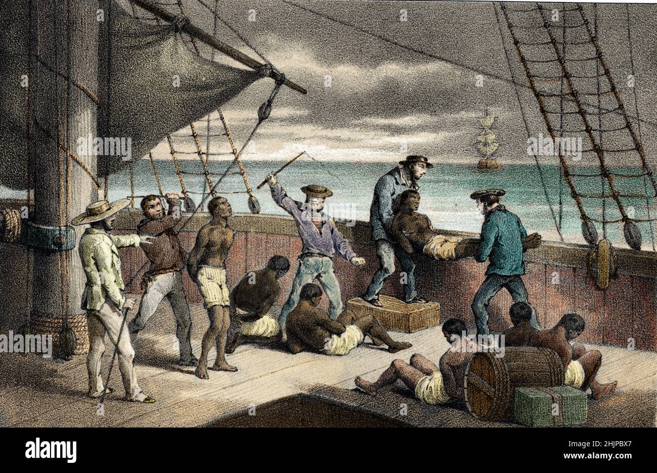 Bateau Negrier, esclaveage, Scene de violence infligee aux esclaves battu a mort puis jetes par dessus bord, commerce d'etres humains, commerce triangulaire, traite des Noirs (bateau d'esclavage, esclavage, scène de violence infligée à des esclaves battus à mort puis à bord, traite des êtres humains, commerce triangulaire, traite des esclaves)Gravure tiree de 'Histoire des naufrages' de Alfred Driou 19eme Siecle Collection privee Banque D'Images Bateau Negrier, esclaveage, Scene de violence infligee aux esclaves battu a mort puis jetes par dessus bord, commerce d'etres humains, commerce triangulaire, traite des Noirs (bateau d'esclavage, esclavage, scène de violence infligée à des esclaves battus à mort puis à bord, traite des êtres humains, commerce triangulaire, traite des esclaves)Gravure tiree de 'Histoire des naufrages' de Alfred Driou 19eme Siecle Collection privee Banque D'Images