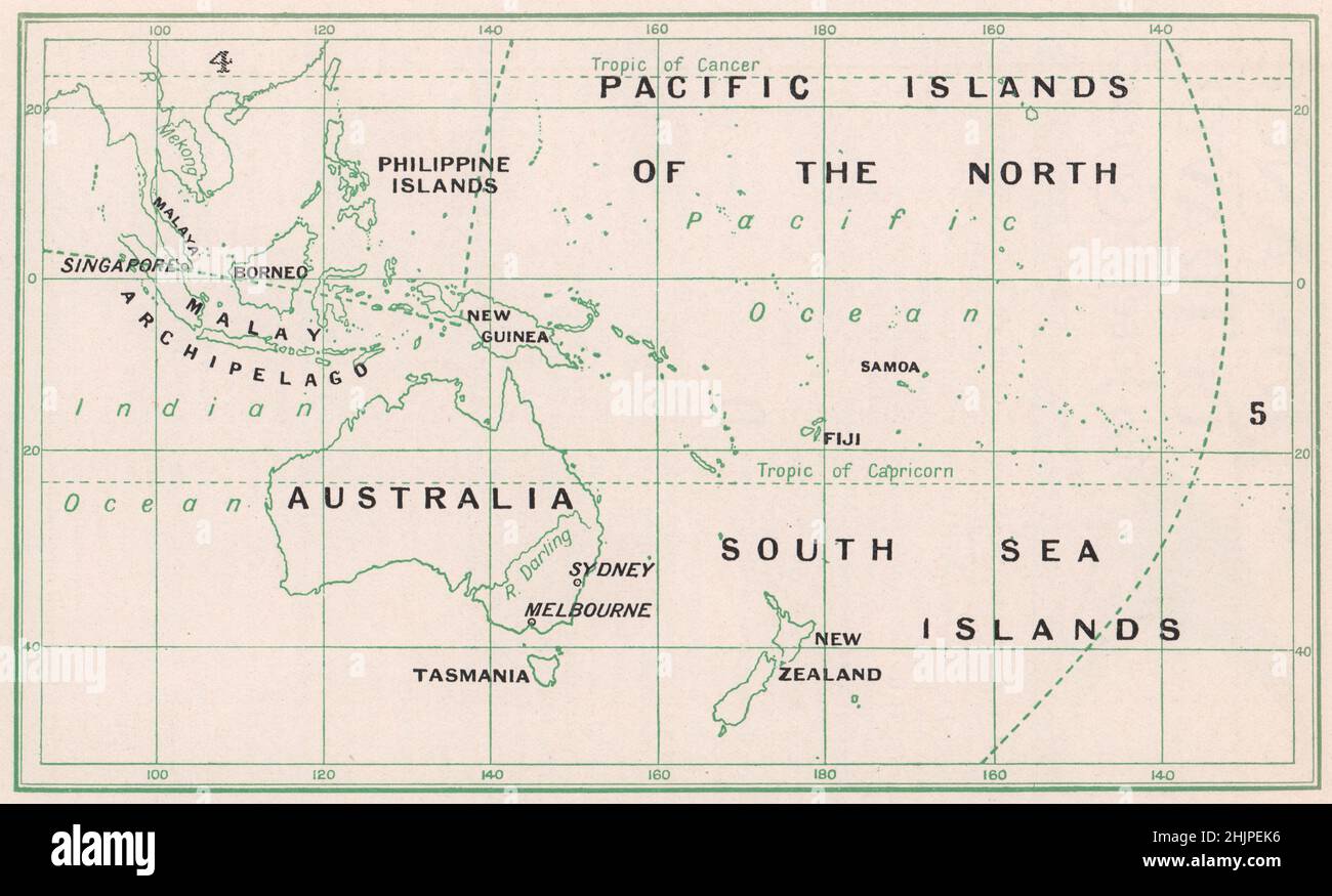 Carte clé des chapitres sur les Indes orientales, l'Australasie et la mer du Sud (1923) Banque D'Images