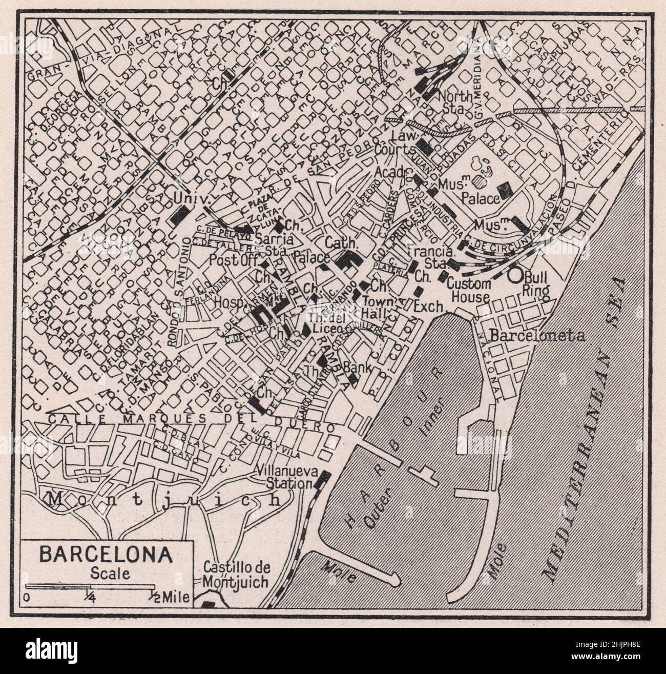 Plan de la ville maritime de Barcelone. Espagne (carte 1923) Banque D'Images
