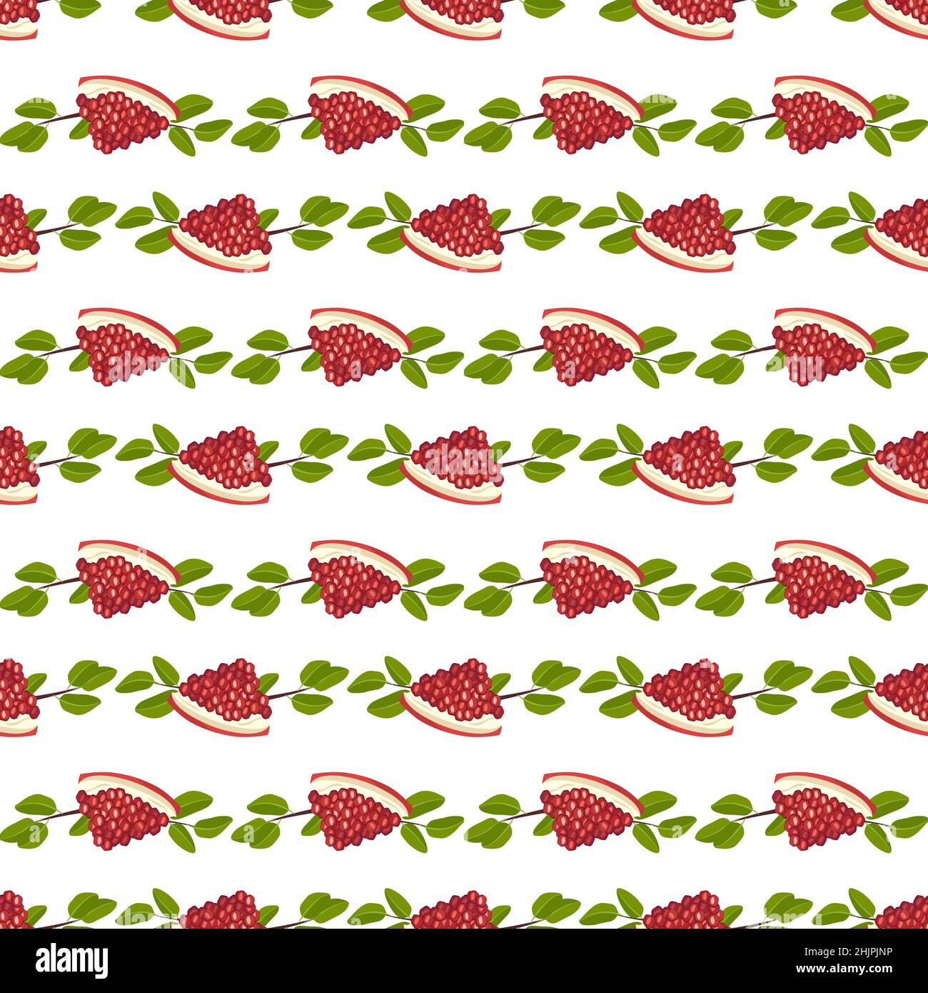 Motif sans couture avec une partie de grenade rouge et des feuilles.Des fruits sains et lumineux sont imprimés sur fond blanc.Aliments sucrés pour l'alimentation.Illustration vectorielle plate Illustration de Vecteur