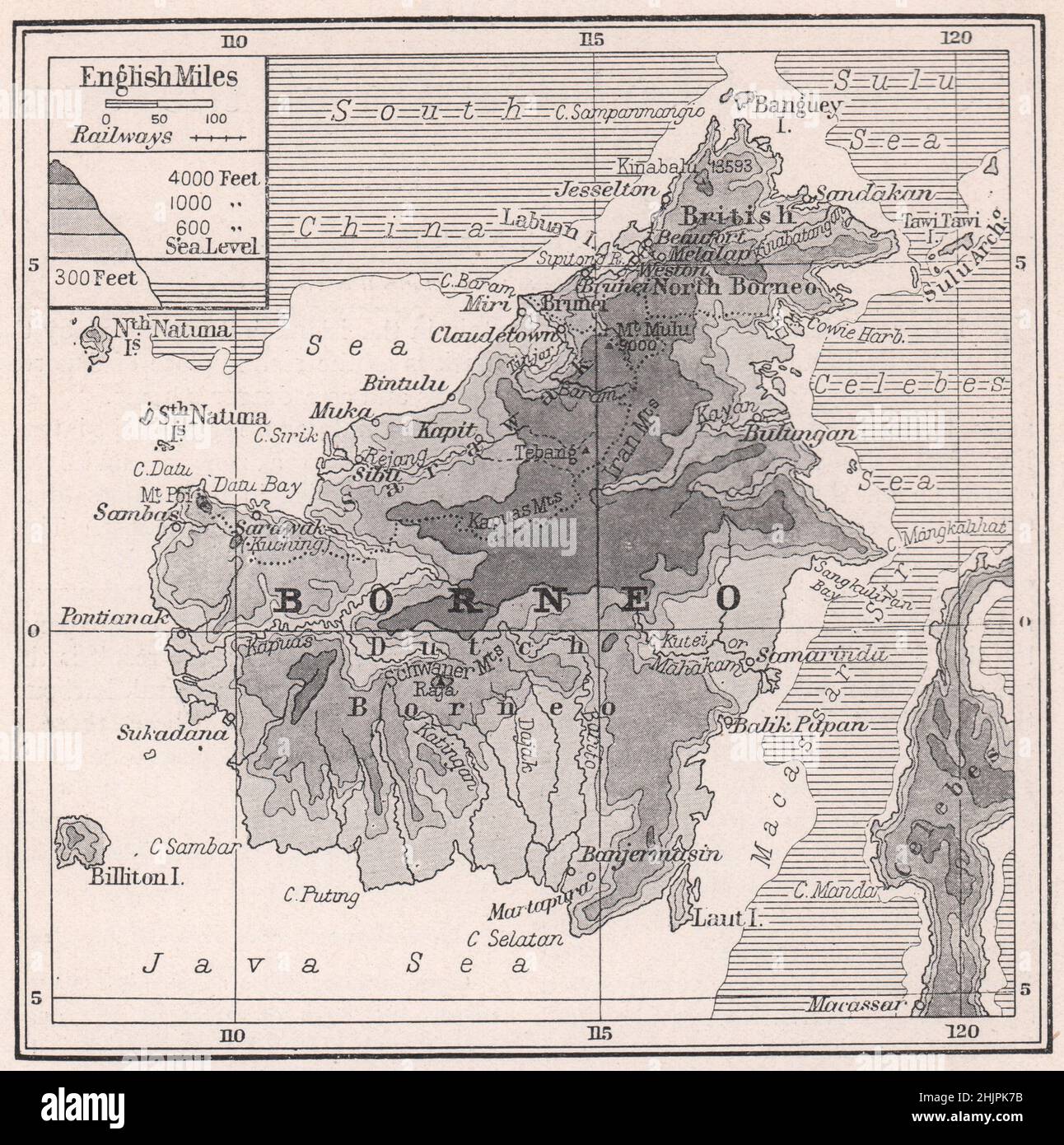 Côtes basses et arrière-pays de la montagne de Bornéo. Malaisie (carte 1923) Banque D'Images