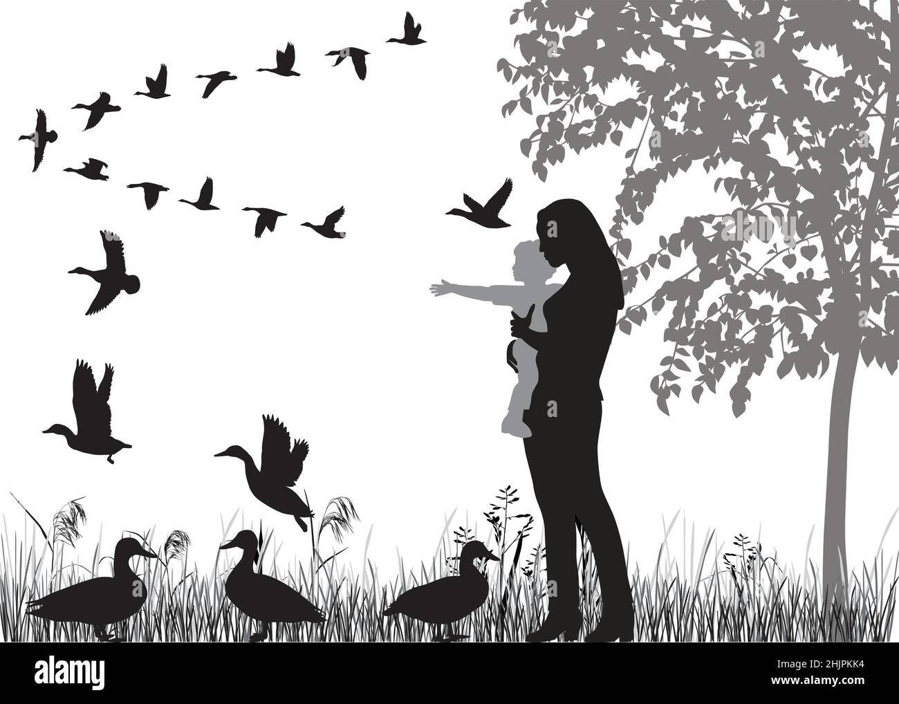 Femme avec enfant dans ses bras regardant les canards volants, en silhouettes Illustration de Vecteur